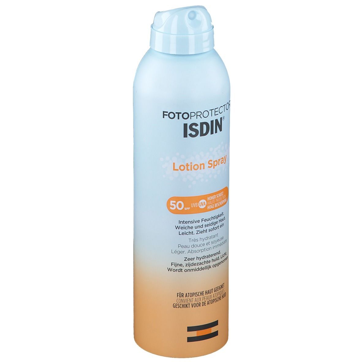 Flacon spray bleu clair et orange. Texte: ISDIN, Fotoprotector, Lotion Spray. SPF50+. Convient aux peaux atopiques.