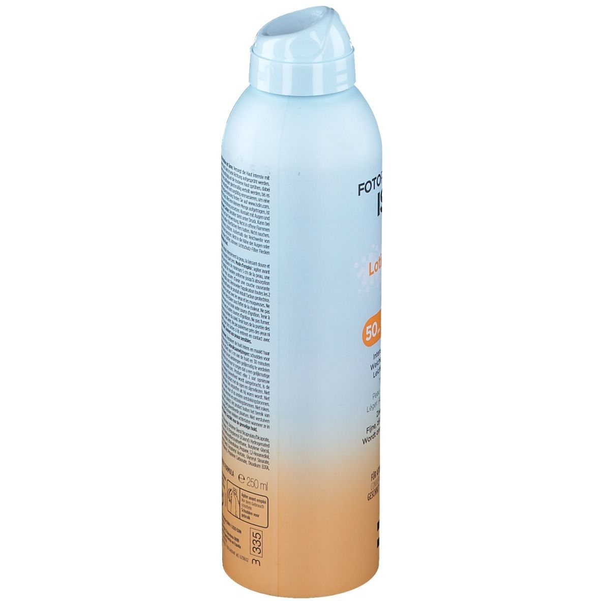 Flacon spray bleu clair et orange. Texte: ISDIN, Lotion Spray. SPF50+. Volume: 250ml. Pictogrammes.