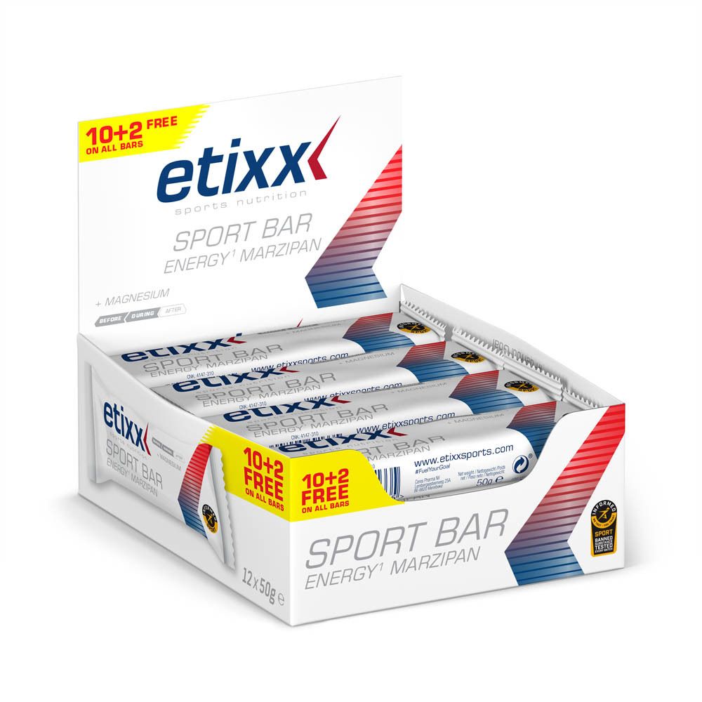 Boîte de barres énergétiques. Blanc avec design rouge et bleu. Contient du magnésium. Marque : etixx. Inscription : 10+2 gratuits.