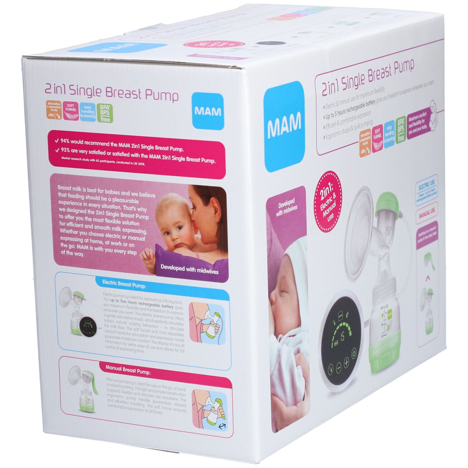 Boîte du tire-lait 2-en-1 MAM. Affiche des illustrations et des informations sur le produit. Design vert et blanc avec des illustrations de bébé.