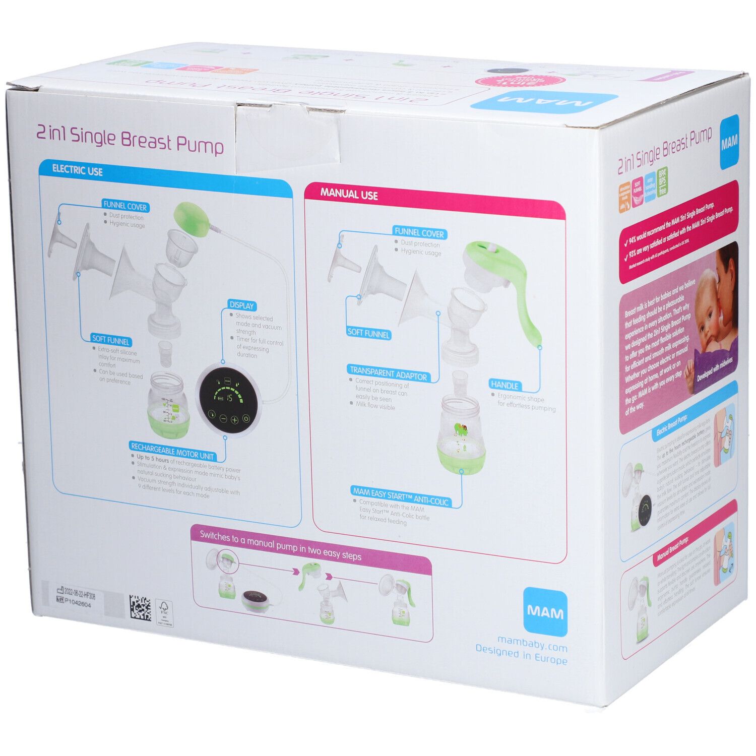 Dos de la boîte du tire-lait 2-en-1 MAM. Contient des schémas et des instructions pour une utilisation électrique et manuelle. Design vert et blanc.