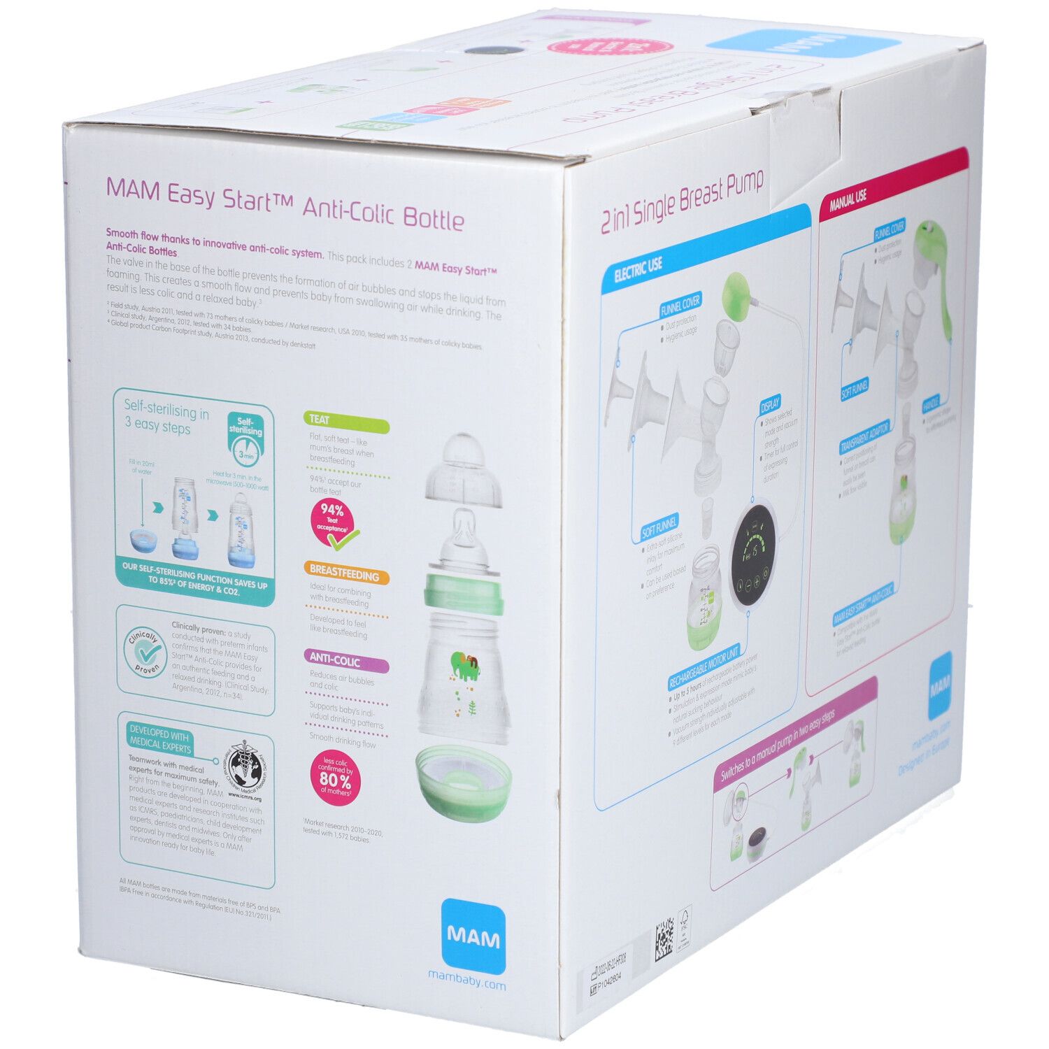 Boîte du tire-lait 2-en-1 MAM. Montre une bouteille et des composants. Design vert et blanc avec des informations sur le produit.
