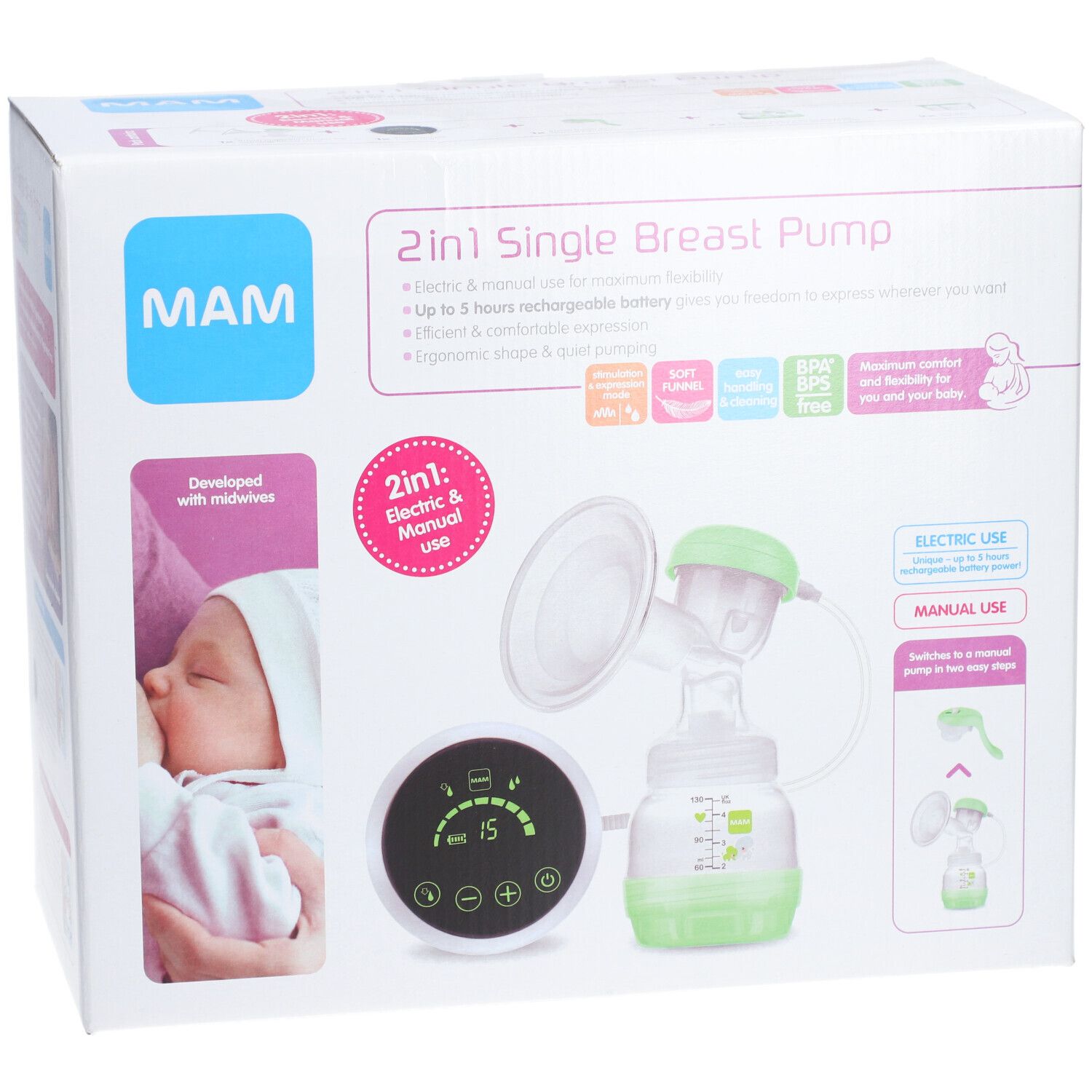 Face avant de la boîte du tire-lait 2-en-1 MAM. Montre le produit et ses composants. Design vert et blanc avec écran numérique.