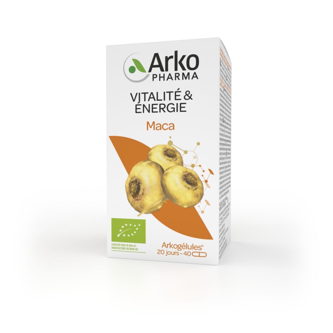 Emballage produit avec boîte. Boîte avec nom du produit, logo et illustration de racines de maca. 20-40 gélules.