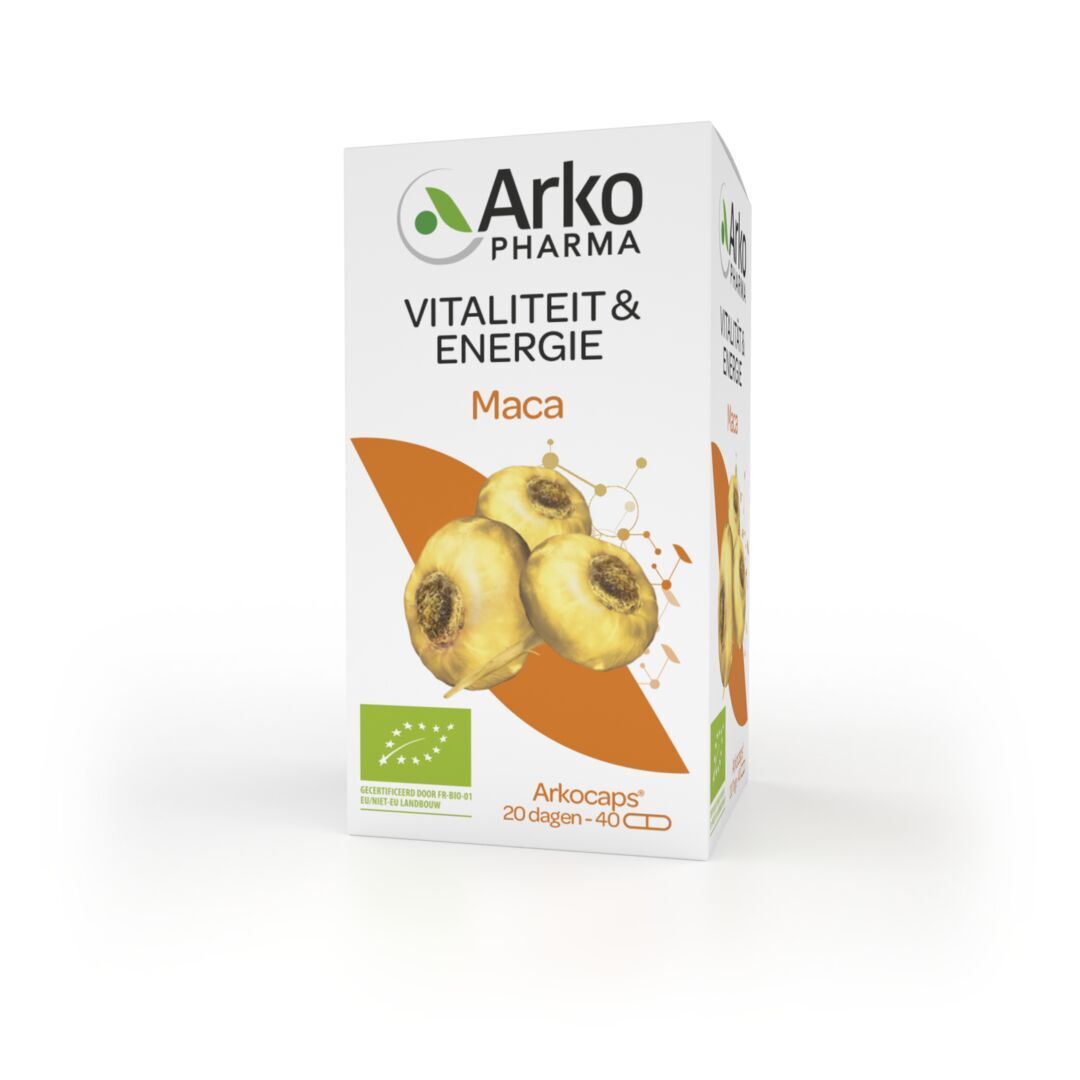 Productverpakking met doos. Doos met productnaam, logo en afbeelding van maca-wortels. 20-40 capsules.