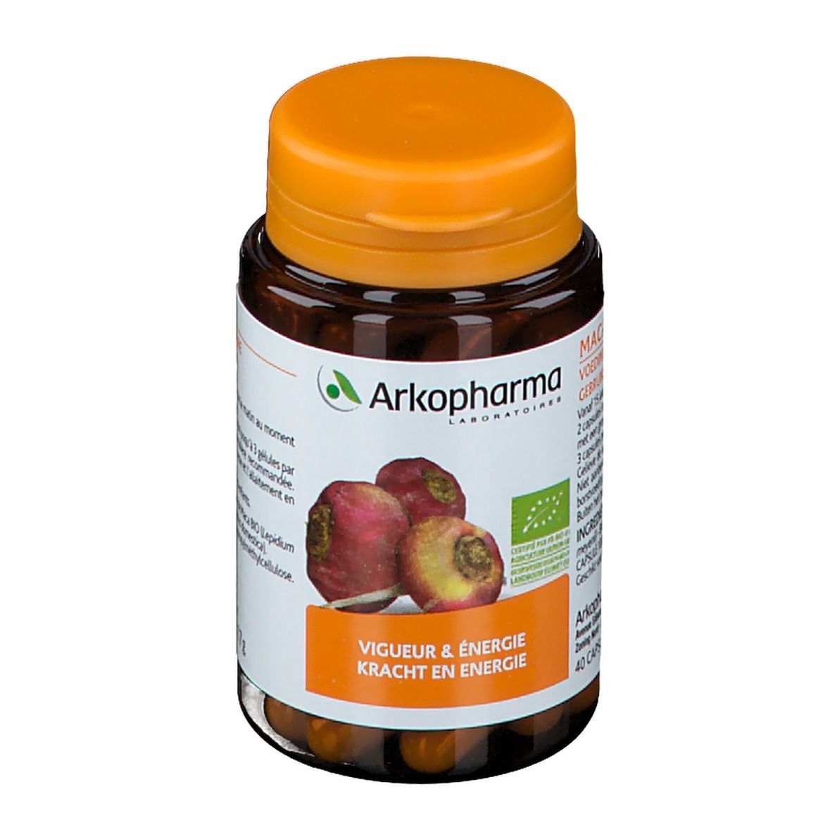 Bruine fles met oranje dop. Etiket met productnaam, logo en afbeelding van maca-wortels. 40 capsules.
