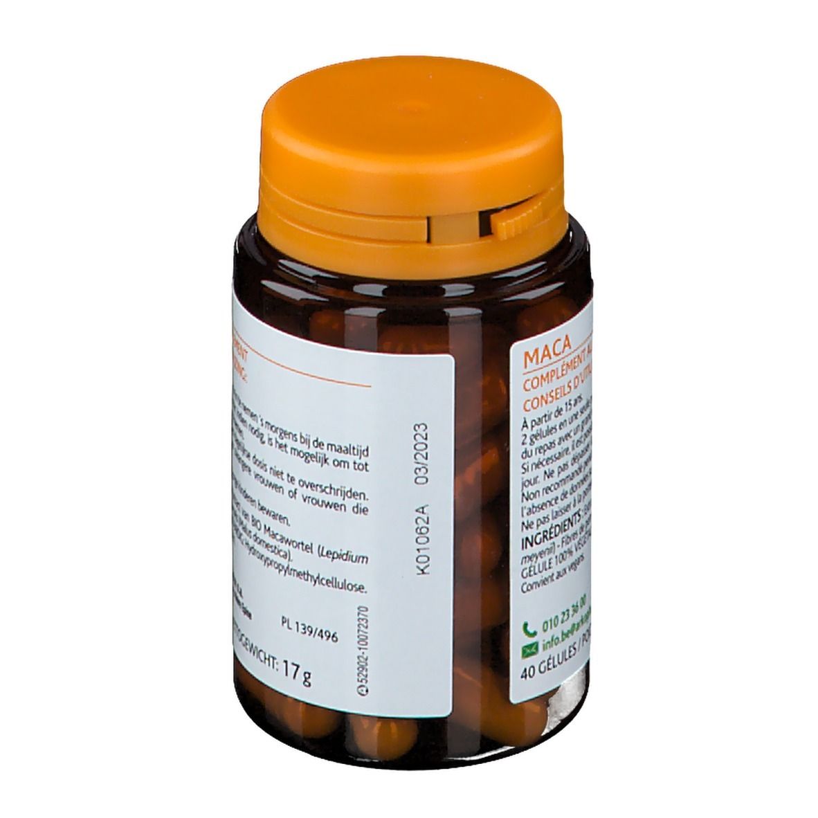 Bruine fles met oranje dop. Achterkant met productinformatie en vervaldatum. 40 capsules.