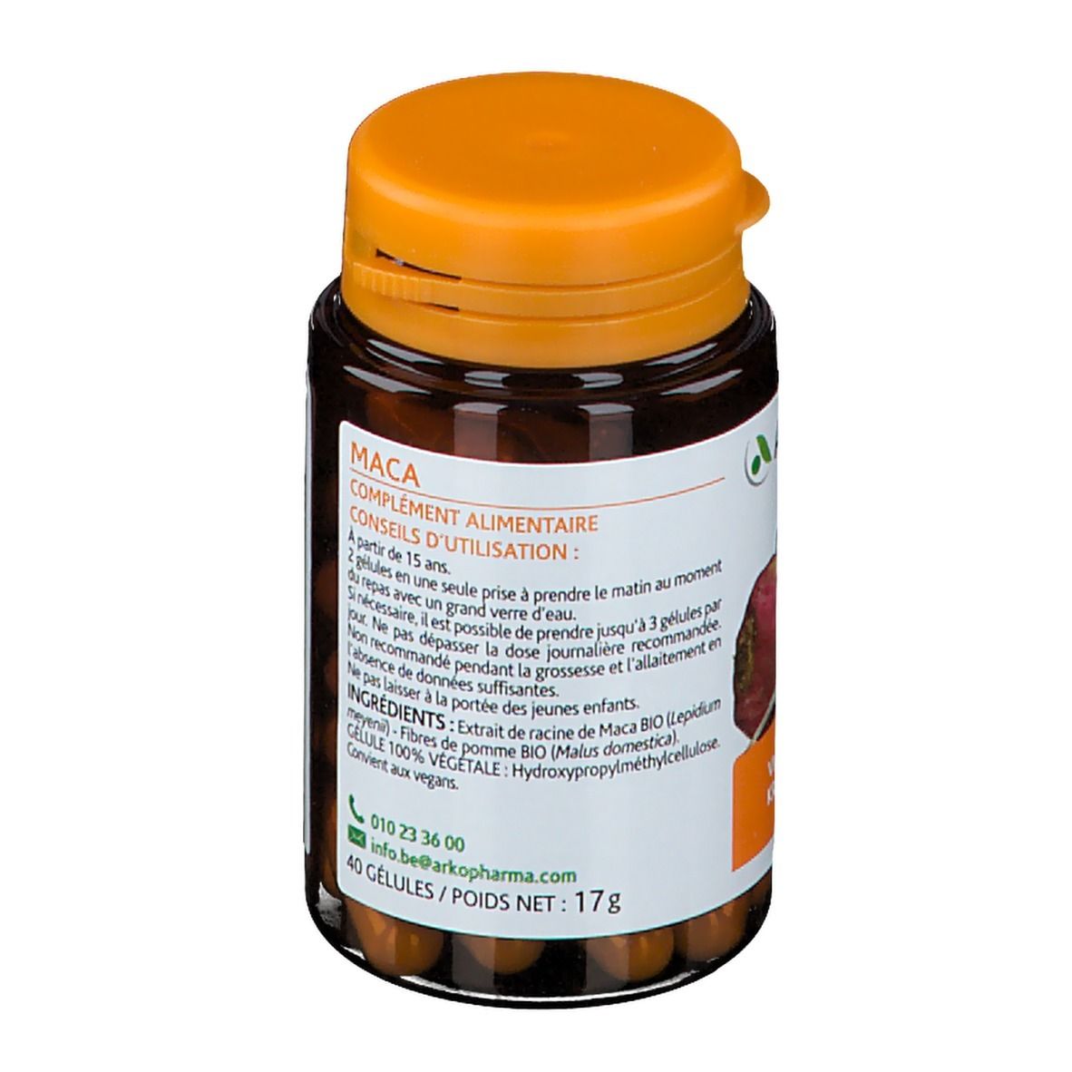 Bruine fles met oranje dop. Achterkant met productinformatie en contactgegevens. 40 capsules.