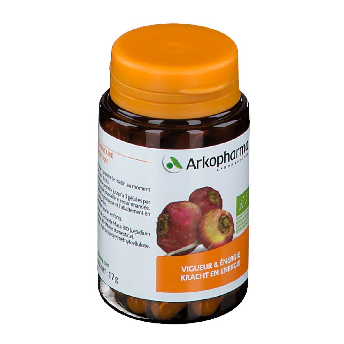 Bruine fles met oranje dop. Etiket met productnaam, logo en afbeelding van maca-wortels. 40 capsules.