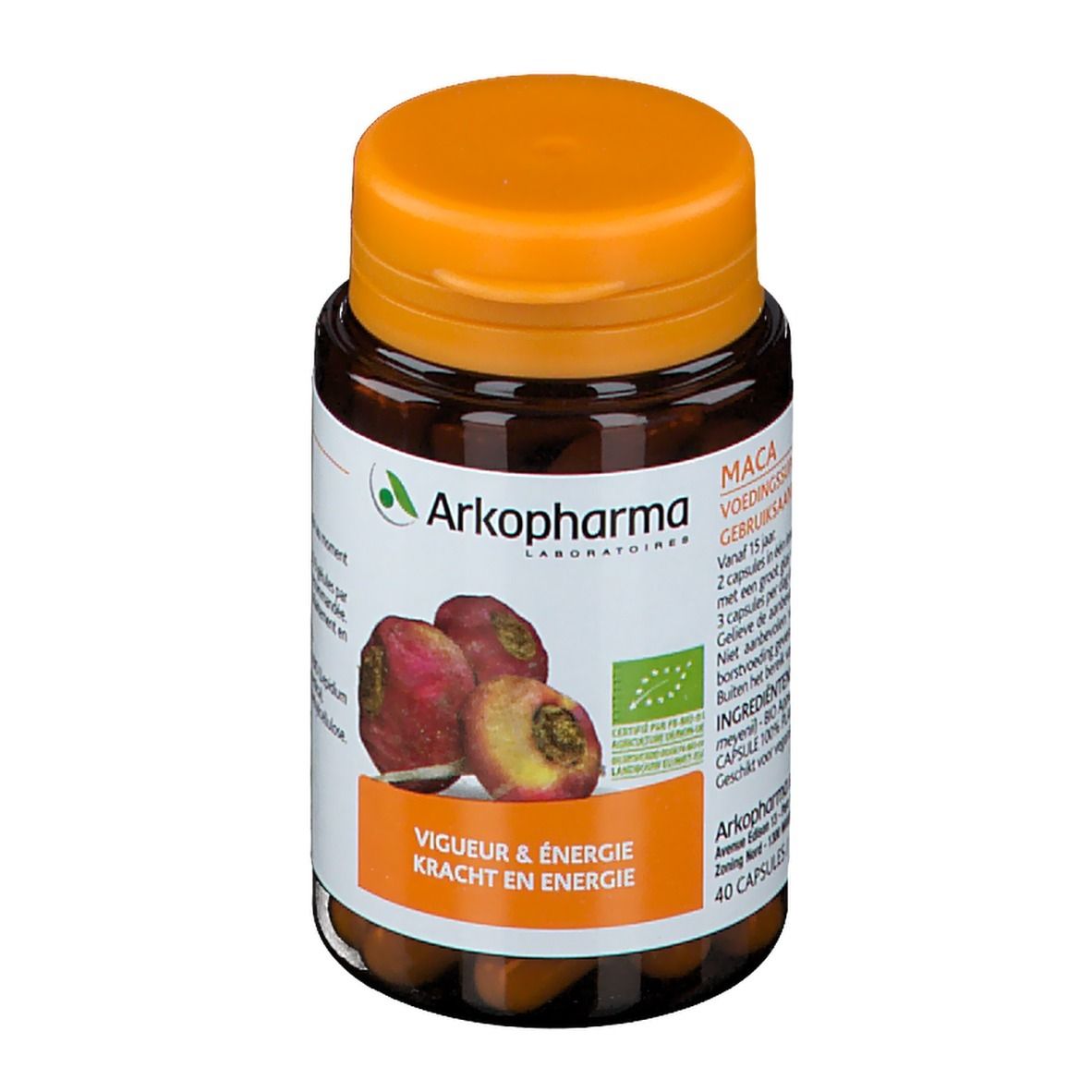Bruine fles met oranje dop. Etiket met productnaam, logo en afbeelding van maca-wortels. 40 capsules.