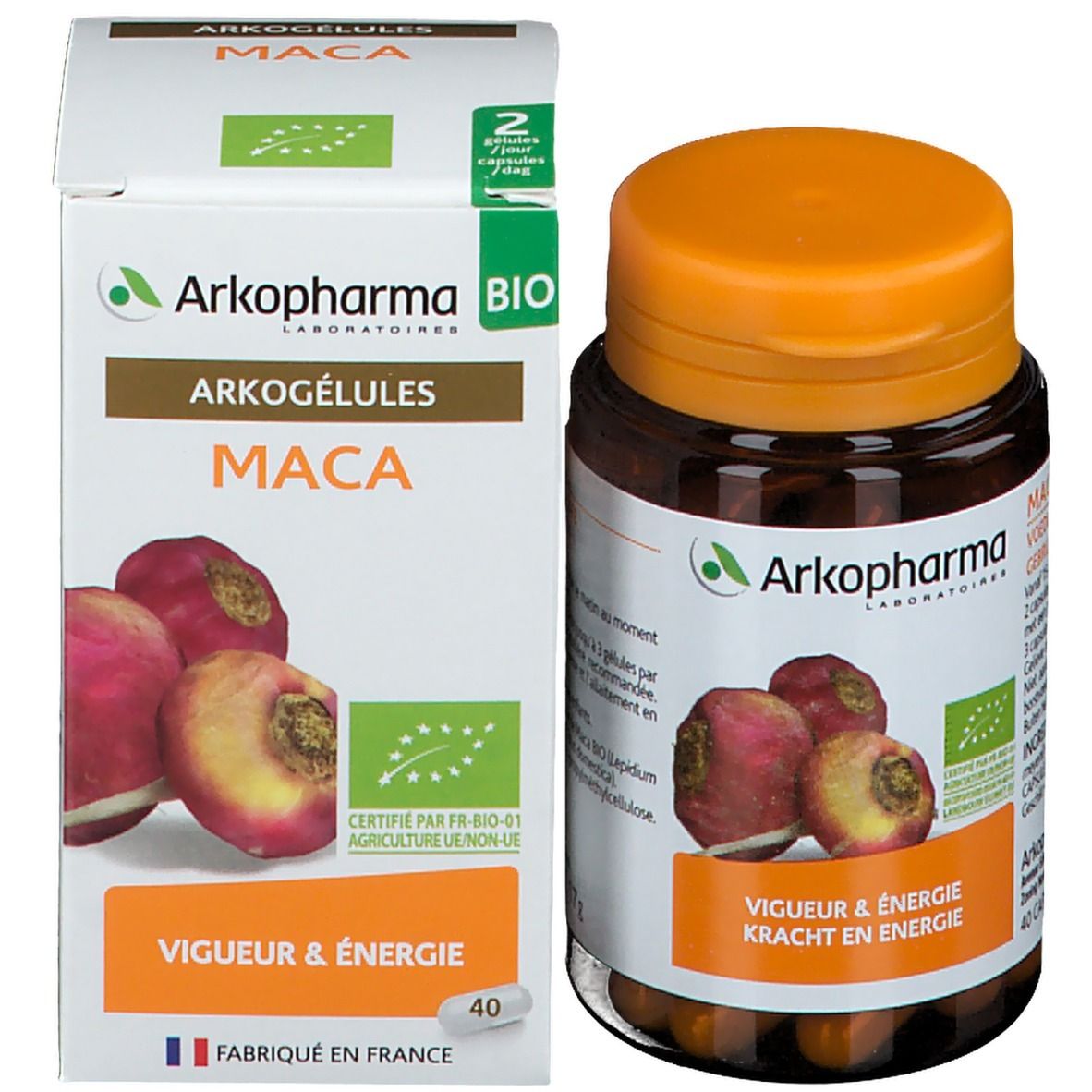 Productverpakking met fles en doos. Doos met productnaam, logo en afbeelding van maca-wortels. 40 capsules.