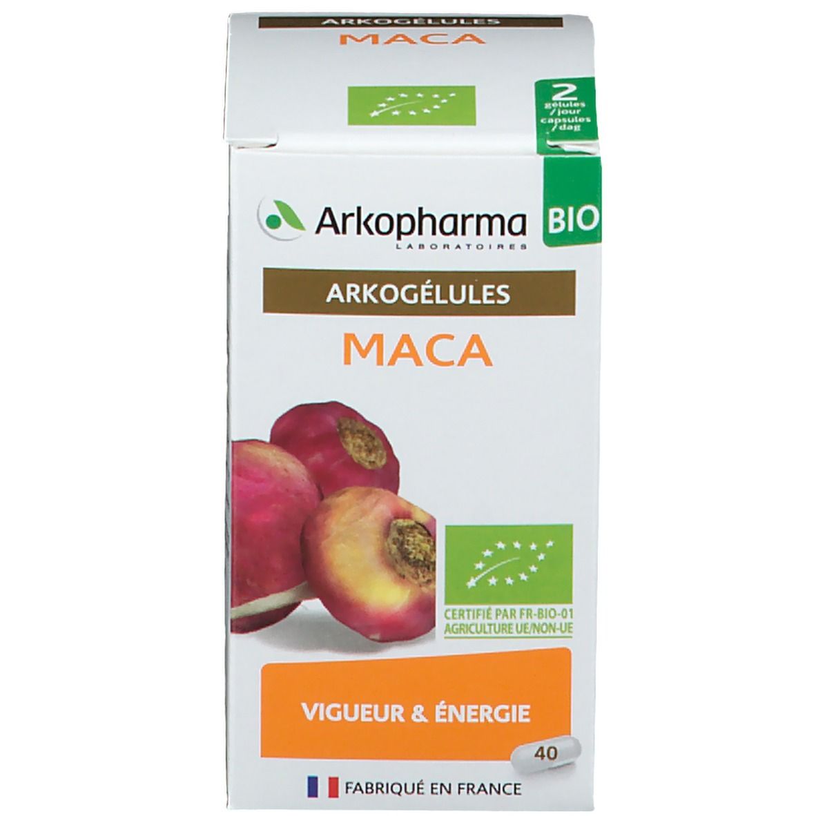 Productverpakking met doos. Doos met productnaam, logo en afbeelding van maca-wortels. 40 capsules.