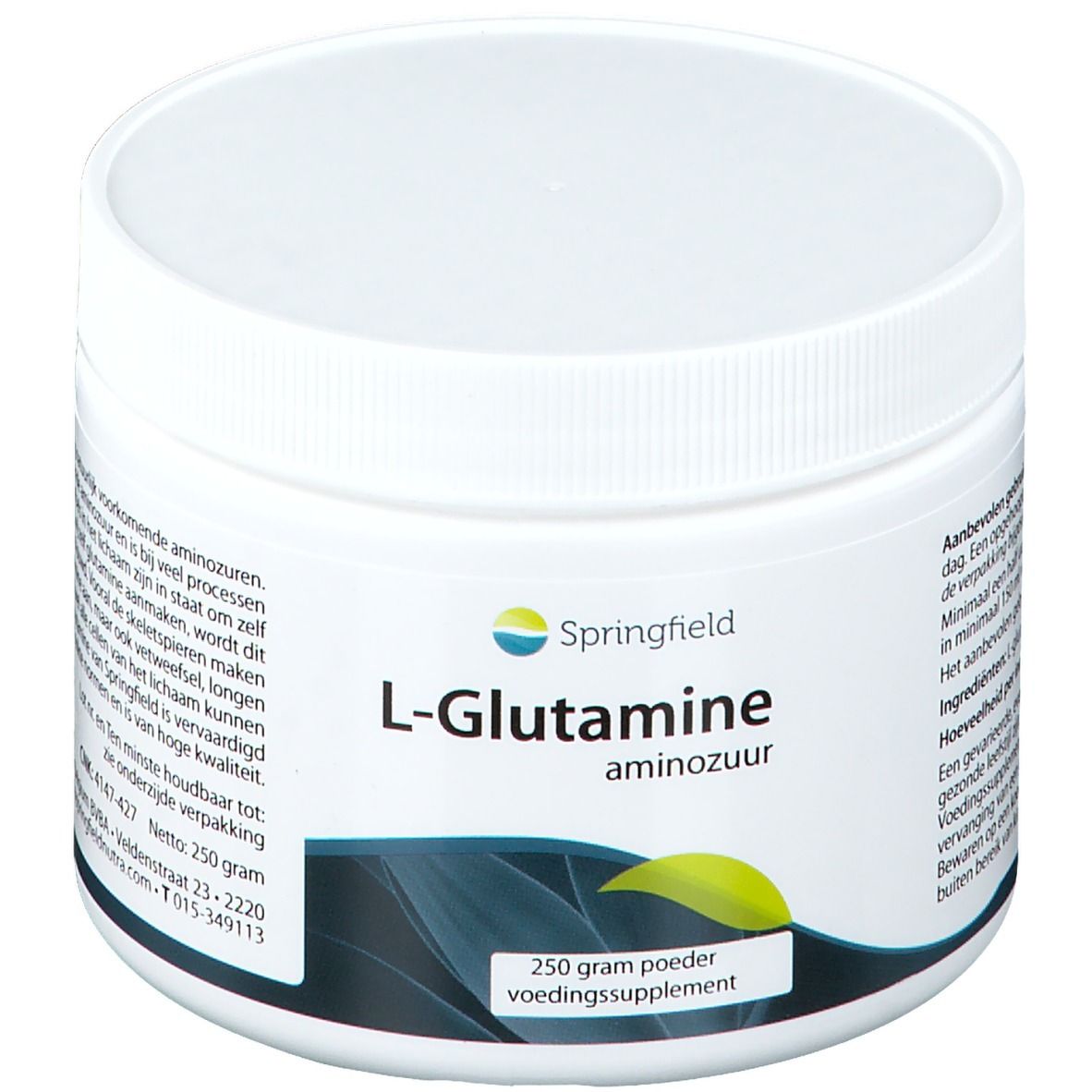 Witte pot met deksel. Opschrift: Springfield L-Glutamine, aminozuur. 250 g poeder, voedingssupplement.