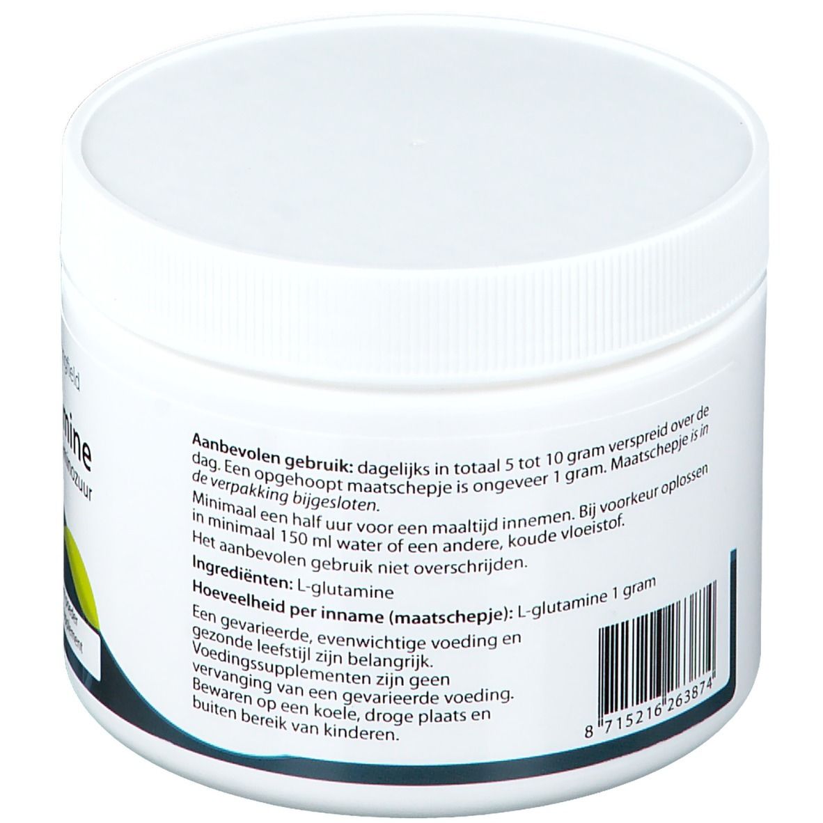 Witte pot met deksel. Achterkant met tekst. Streepjescode. Ingrediënten: L-glutamine. Voedingswaarde.