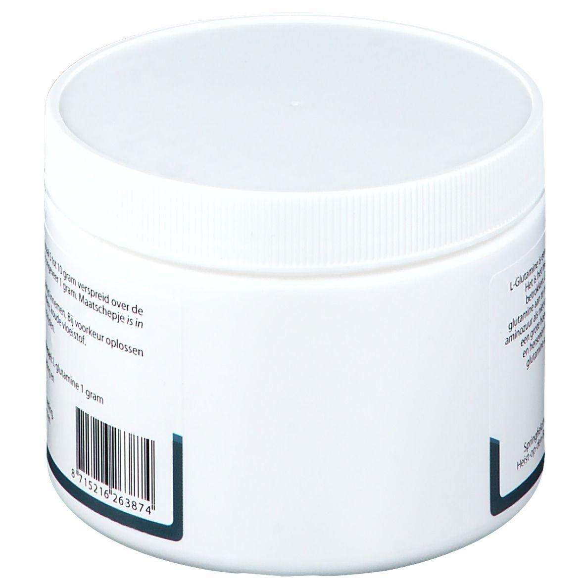 Witte pot met deksel. Achterkant met tekst. Streepjescode. Zwarte en blauwe details.