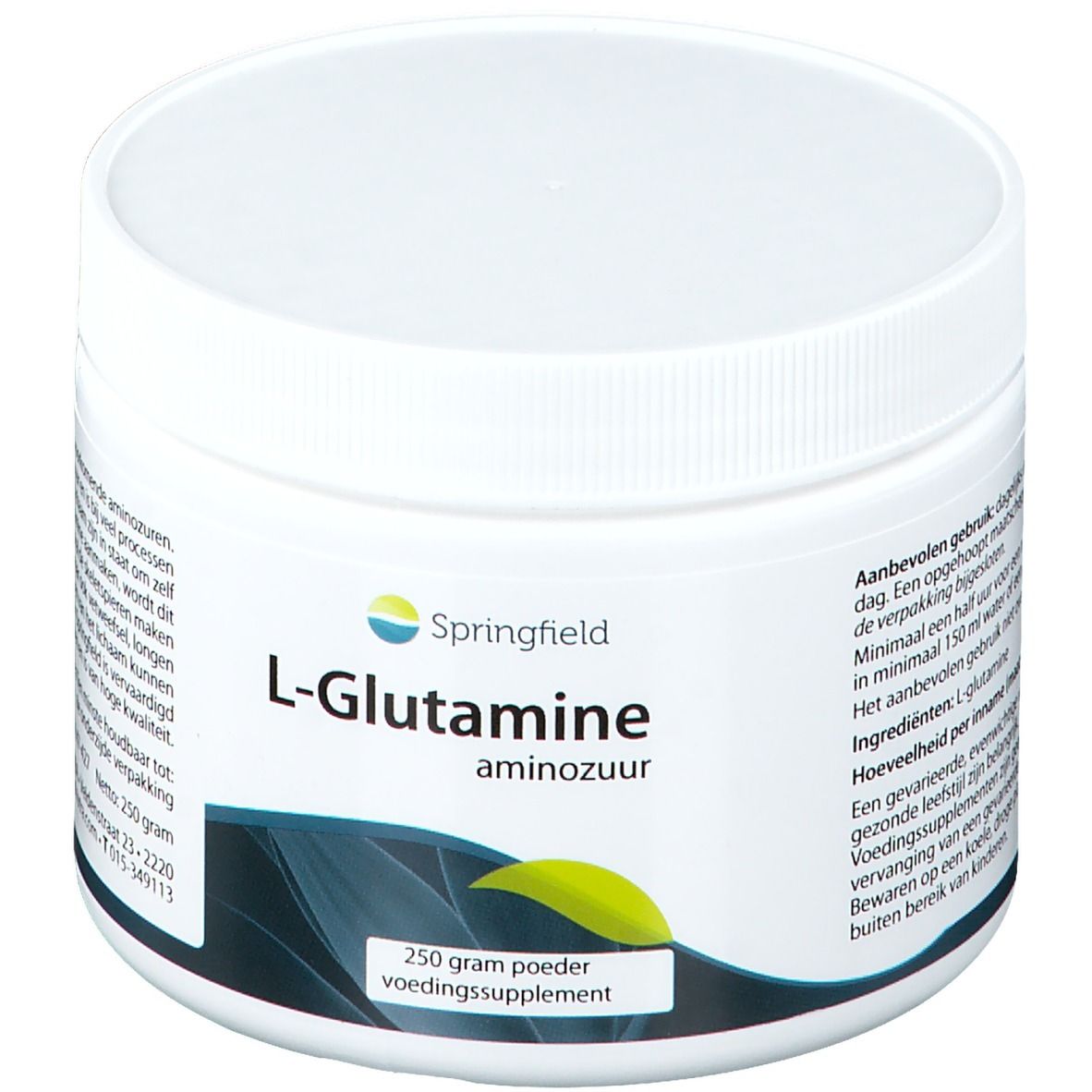 Witte pot met deksel. Opschrift: Springfield L-Glutamine, aminozuur. 250 g poeder, voedingssupplement.