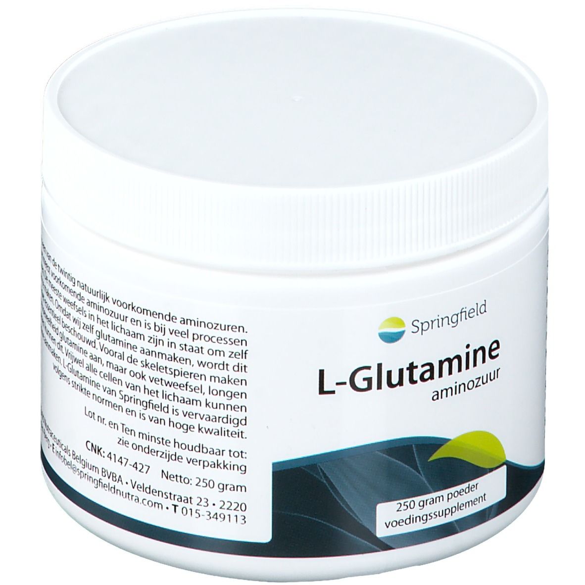 Witte pot met deksel. Opschrift: Springfield L-Glutamine, aminozuur. 250 g poeder, voedingssupplement.