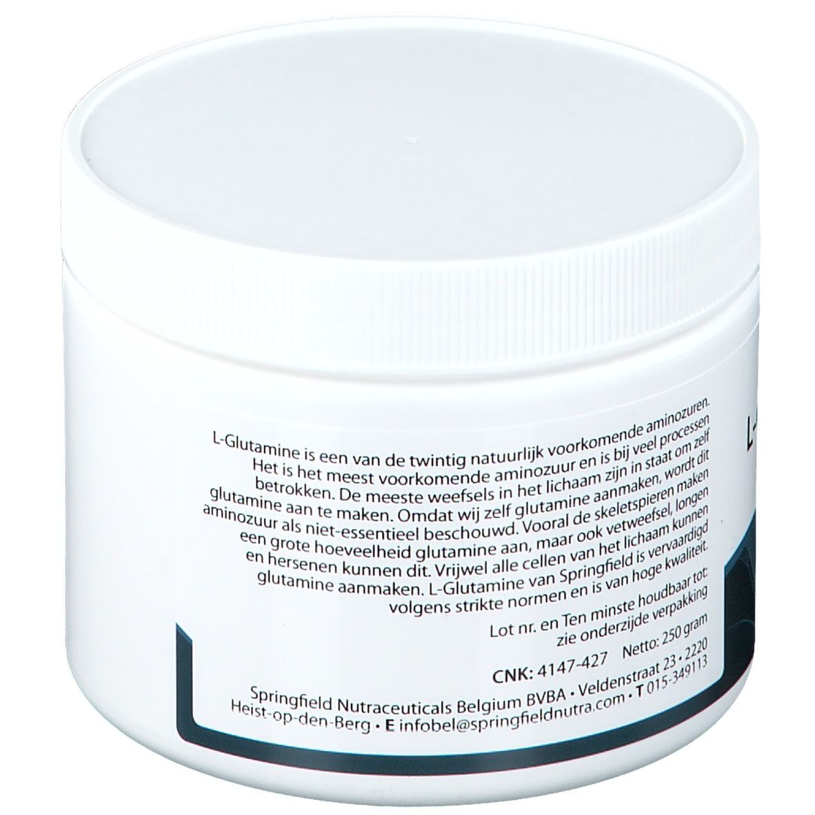 Witte pot met deksel. Achterkant met tekst. Zwarte en blauwe details. Nettogewicht: 250 g.