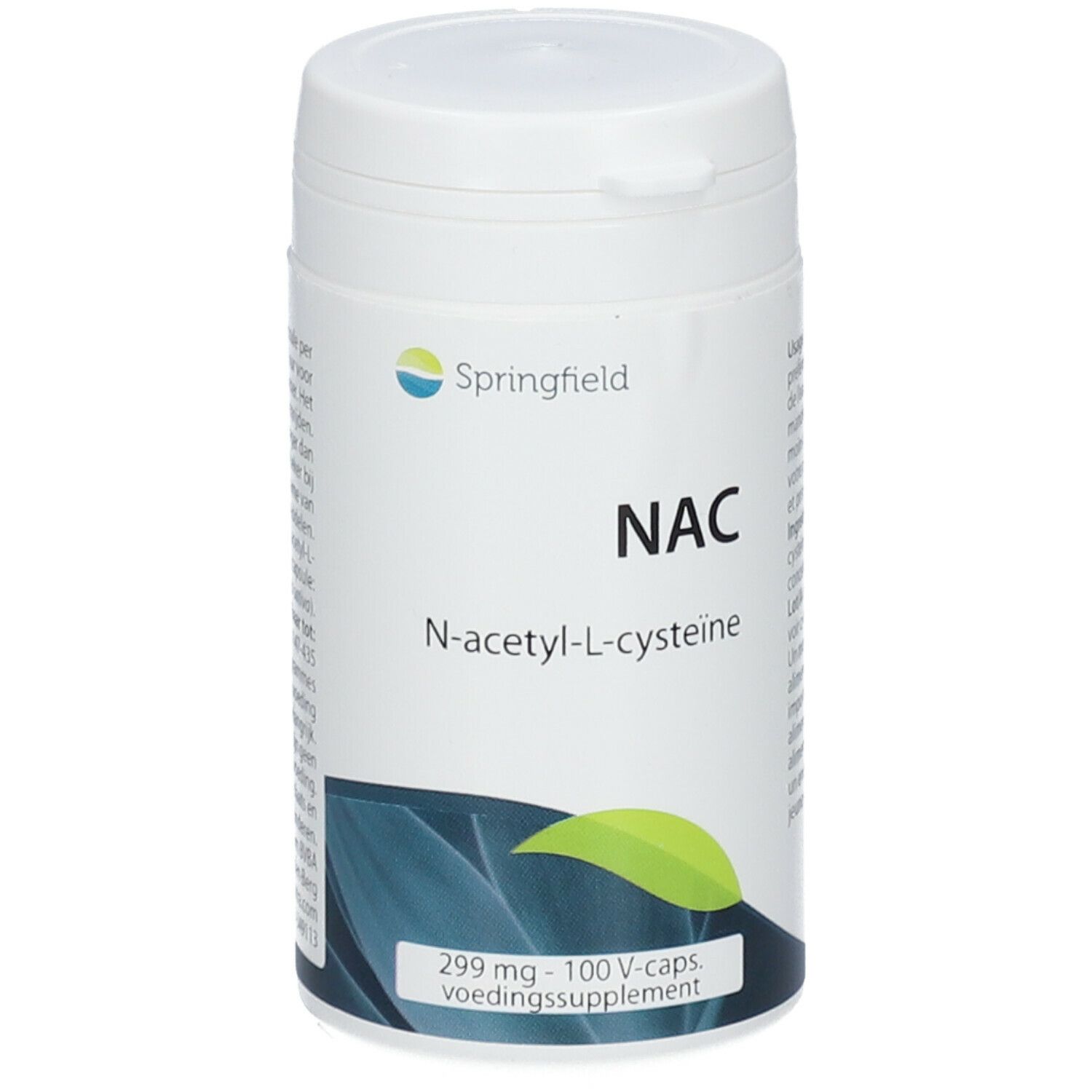 Witte fles Springfield NAC. Opschrift NAC, N-acetyl-L-cysteine. 299 mg - 100 V-caps. Voedingssupplement.