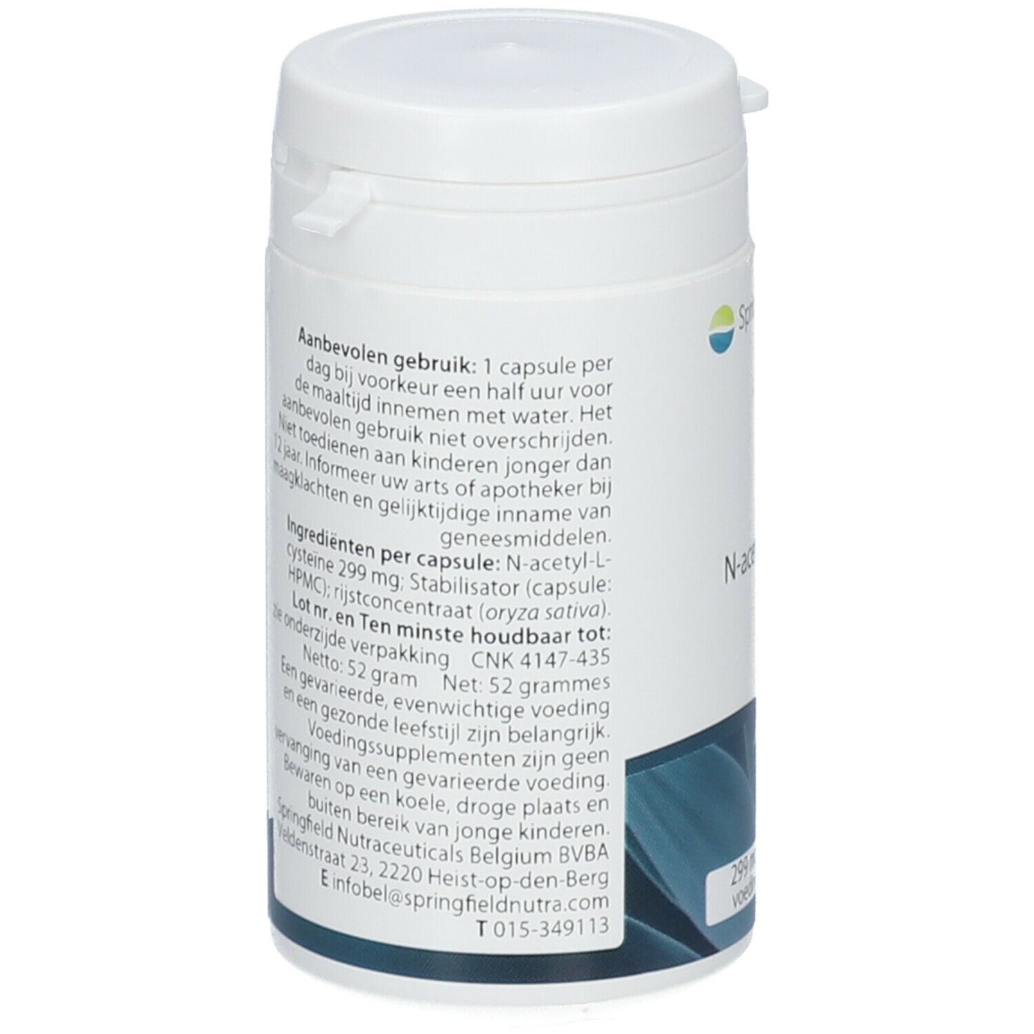 Achterkant witte fles Springfield NAC. Tekst met ingrediënten en gebruiksaanwijzing. Nettogewicht 52 gram.