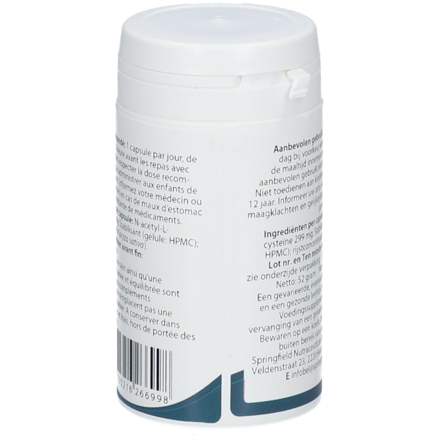 Achterkant witte fles Springfield NAC. Tekst met ingrediënten en gebruiksaanwijzing. Nettogewicht 52 gram.