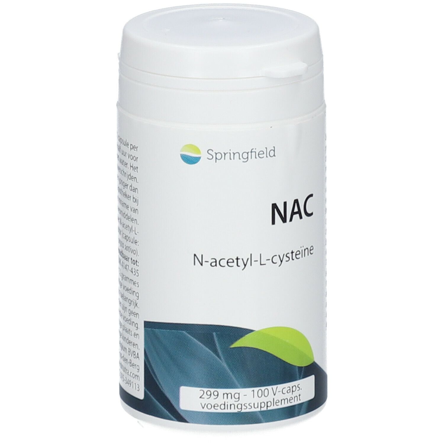 Witte fles Springfield NAC. Opschrift NAC, N-acetyl-L-cysteine. 299 mg - 100 V-caps. Voedingssupplement.