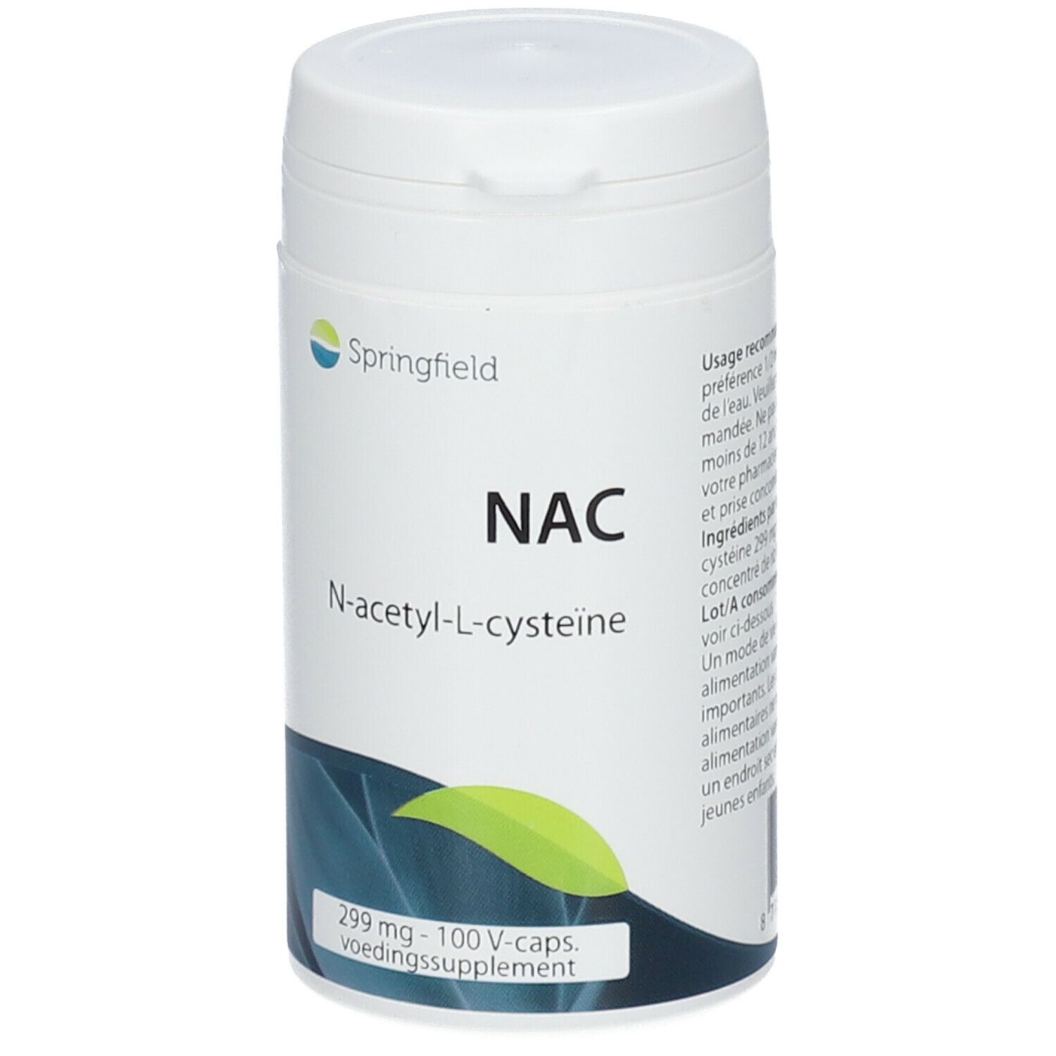 Witte fles Springfield NAC. Opschrift NAC, N-acetyl-L-cysteine. 299 mg - 100 V-caps. Voedingssupplement.