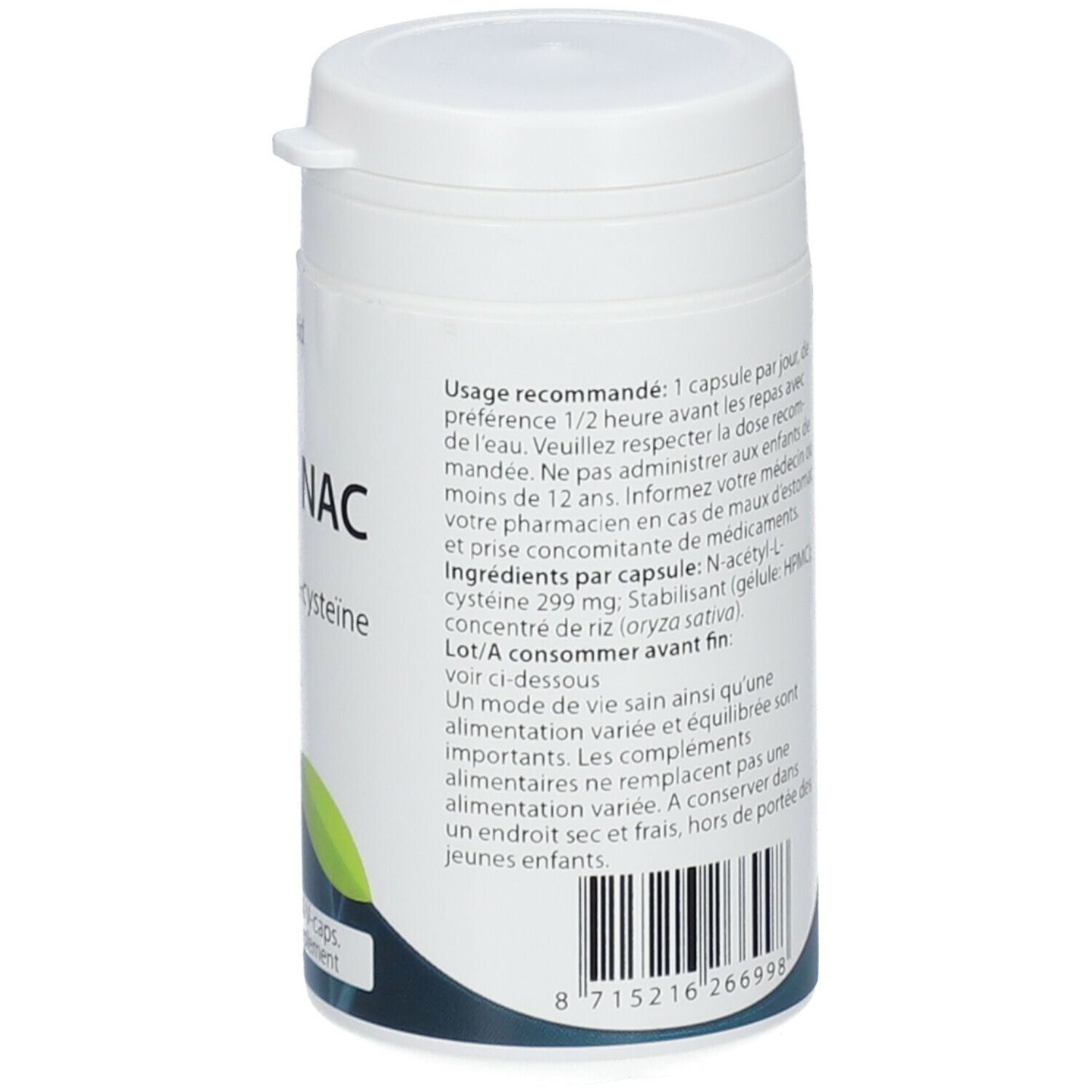 Achterkant witte fles Springfield NAC. Tekst met ingrediënten en gebruiksaanwijzing. Nettogewicht 52 gram.