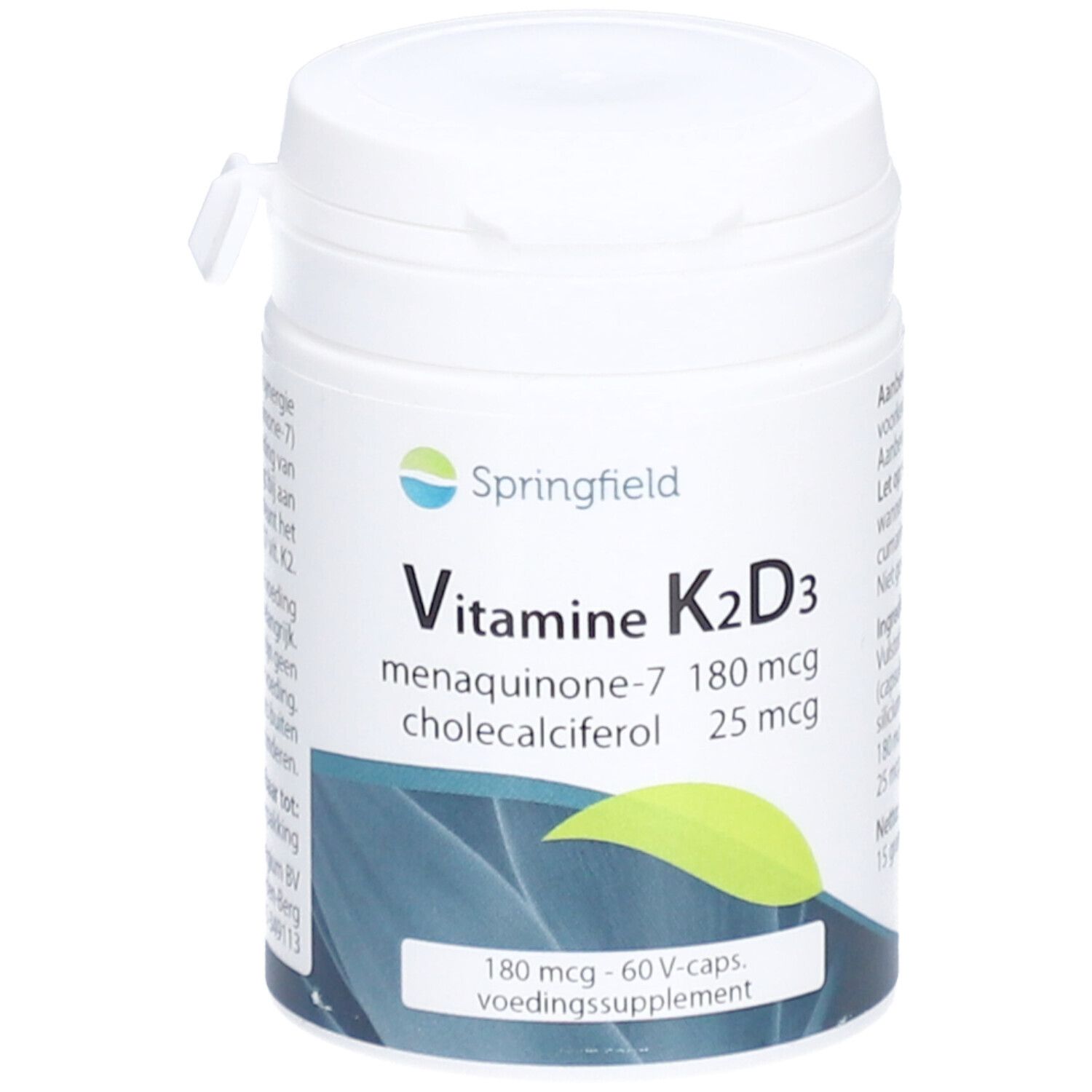 Witte pot met 'Springfield' en 'Vitamine K2D3'. Bevat Menaquinone-7 en Cholecalciferol. Deksel met sluiting.