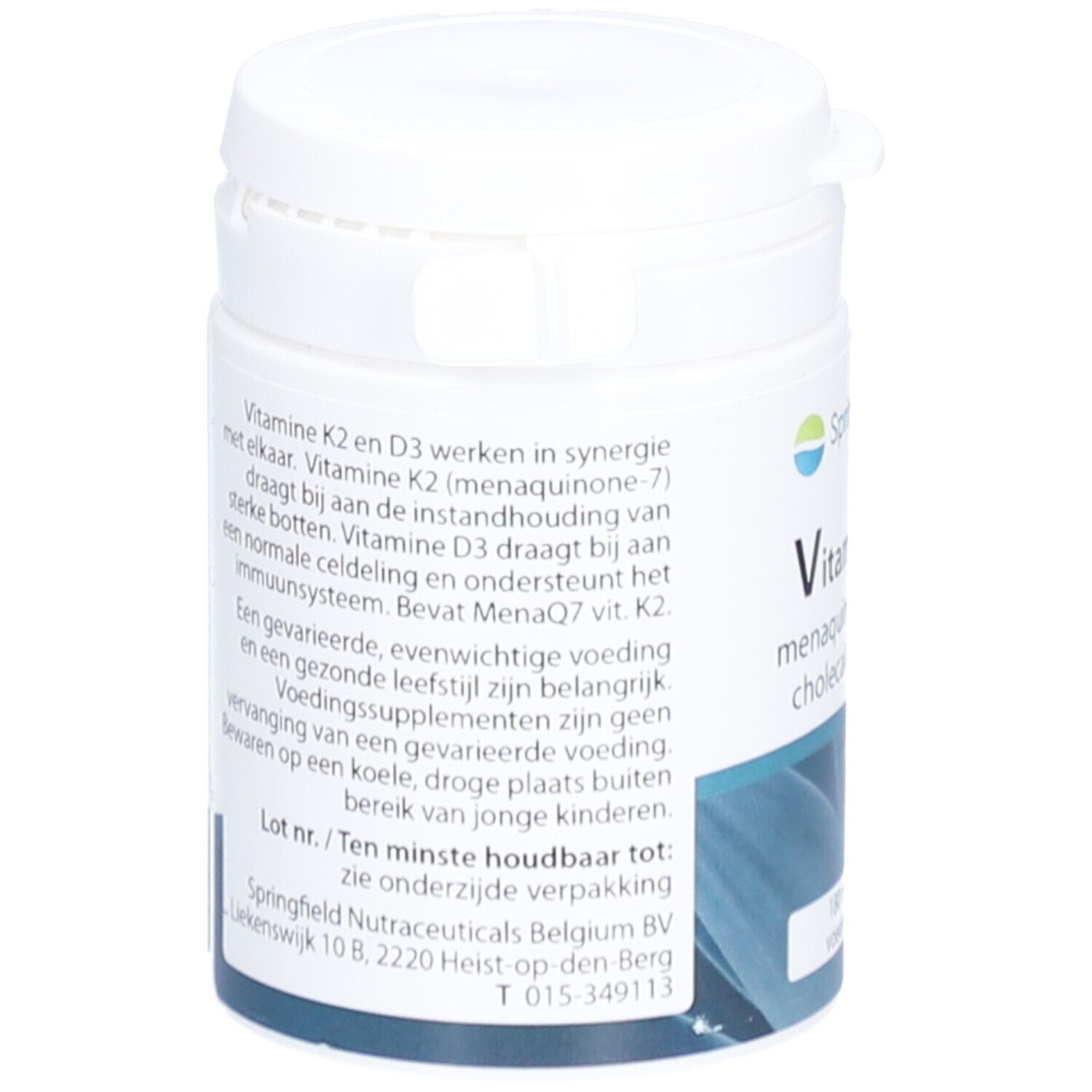 Witte pot met tekst. Bevat informatie over vitamine K2 en D3. Fabrikant: Springfield Nutraceuticals Belgium BV.