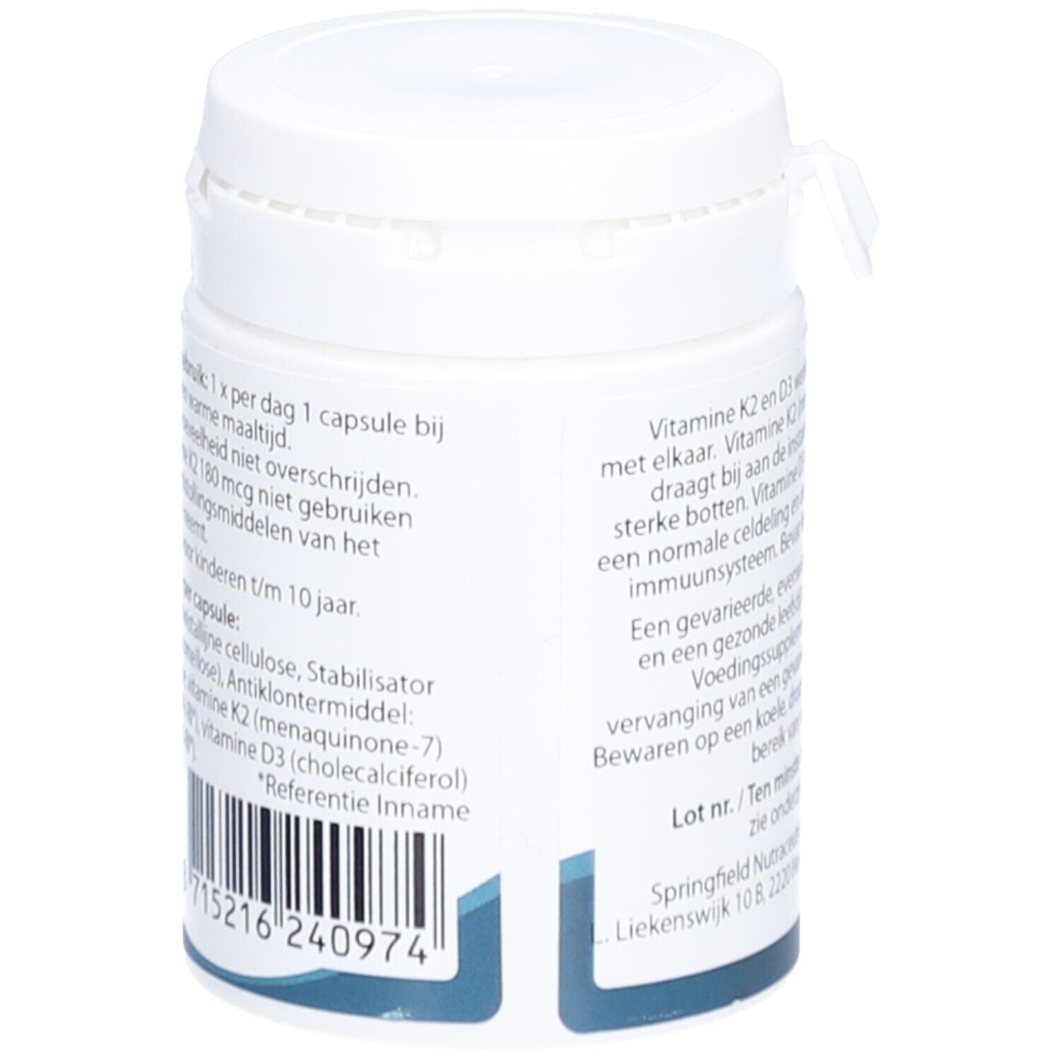Witte pot met tekst en barcode. Bevat informatie over vitamine K2 en D3. Fabrikant: Springfield Nutraceuticals.