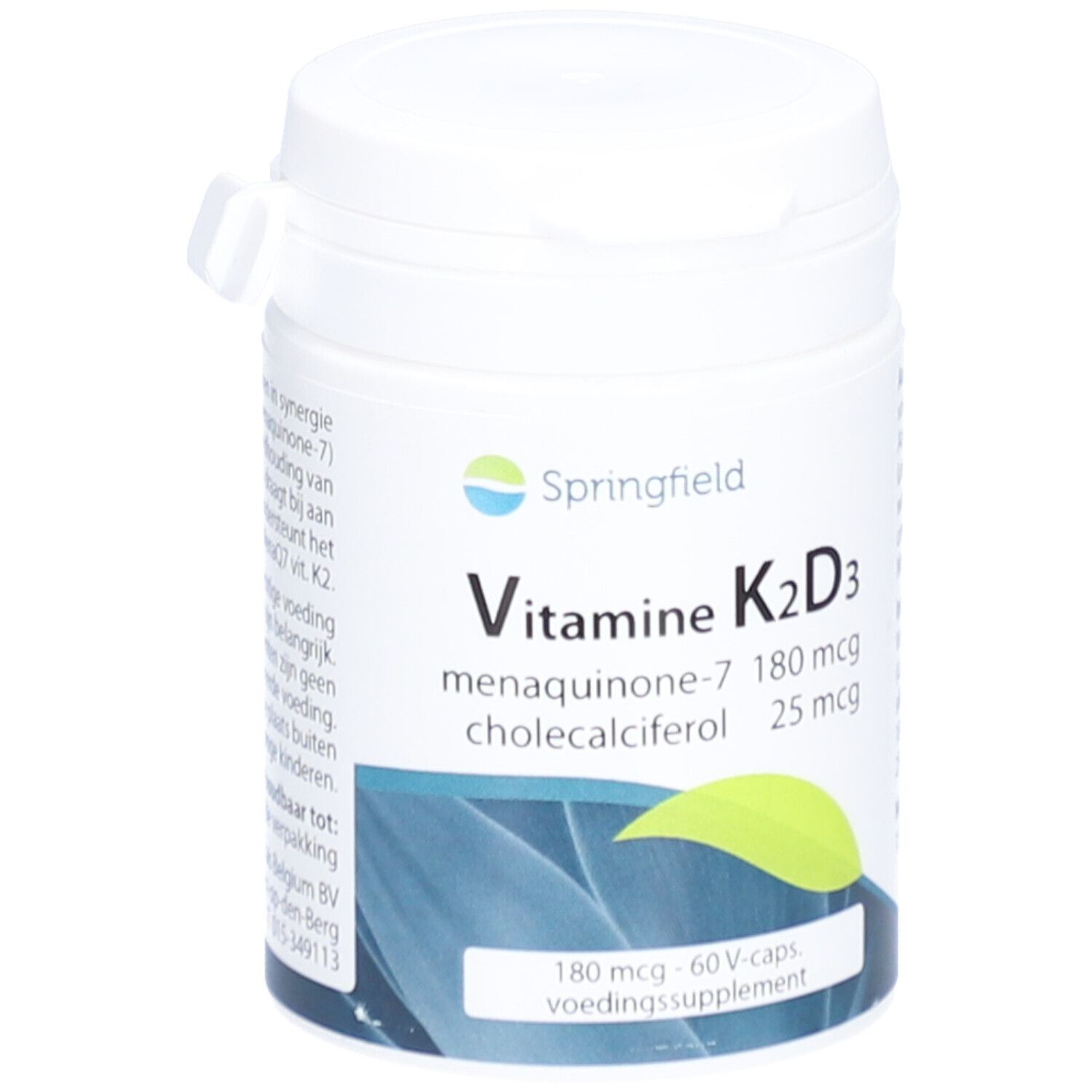 Witte pot met 'Springfield' en 'Vitamine K2D3'. Bevat Menaquinone-7 en Cholecalciferol. Deksel met sluiting.