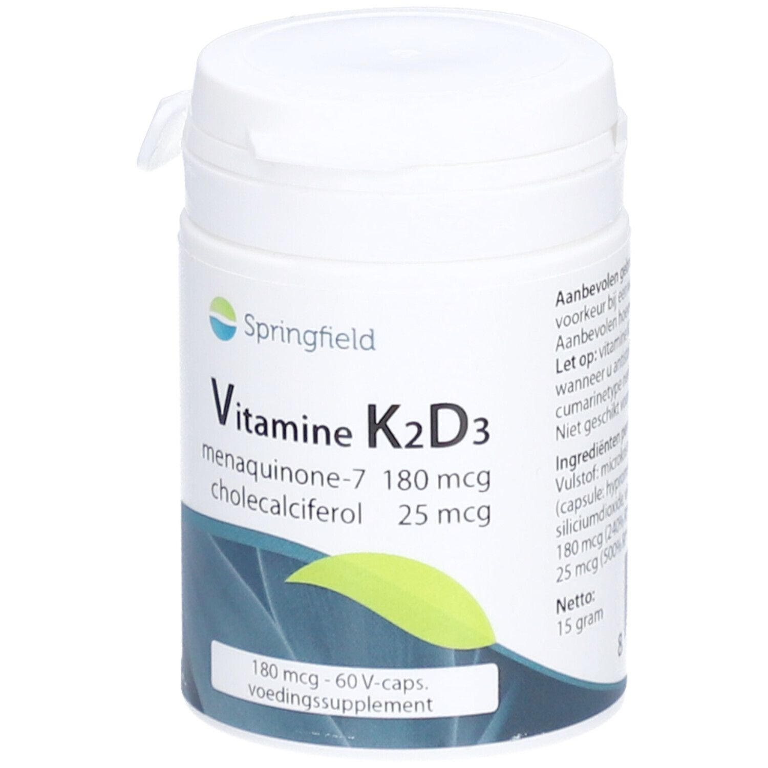Witte pot met 'Springfield' en 'Vitamine K2D3'. Bevat Menaquinone-7 en Cholecalciferol. Deksel met sluiting.