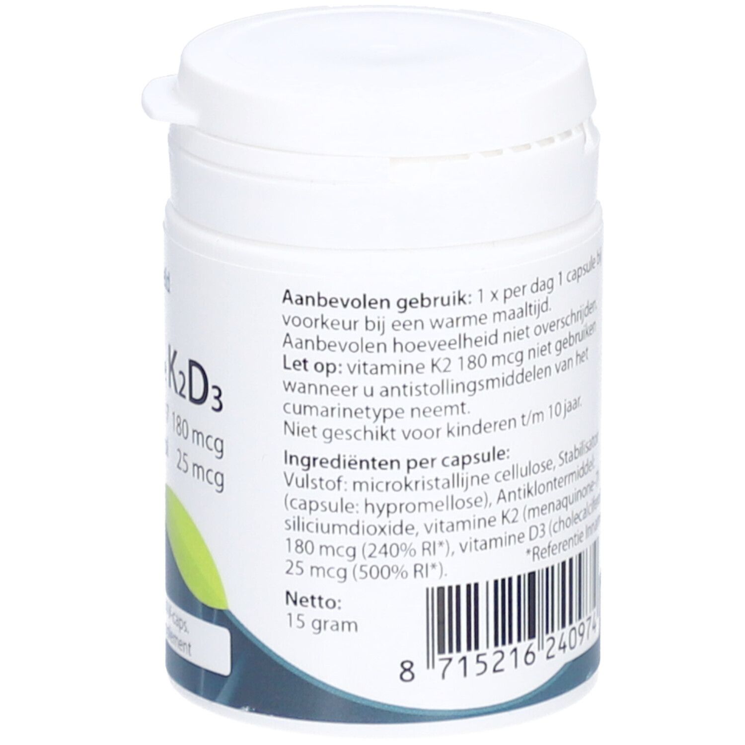 Witte pot met tekst. Bevat informatie over vitamine K2 en D3. Fabrikant: Springfield Nutraceuticals. Nettogewicht: 15g.