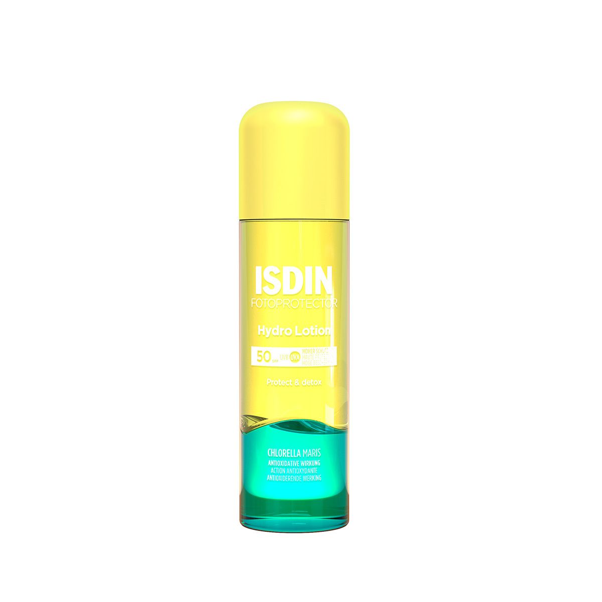Flacon cylindrique à bouchon jaune. Étiquette ISDIN Hydro Lotion SPF 50+. Liquide vert-bleu visible.