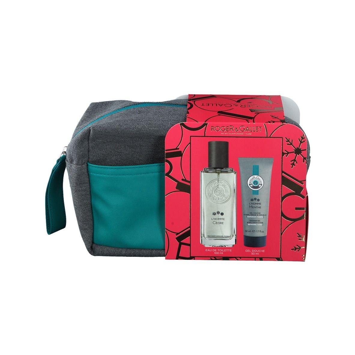 Coffret cadeau avec trousse grise, boîte rouge, flacon et tube. Marque ROGER&GALLET.