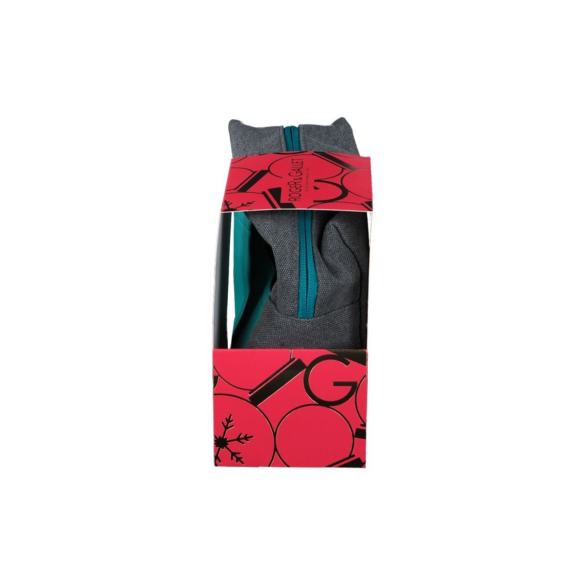 Coffret cadeau avec trousse grise. Boîte rouge avec marque ROGER&GALLET. Fermeture éclair et poignée.