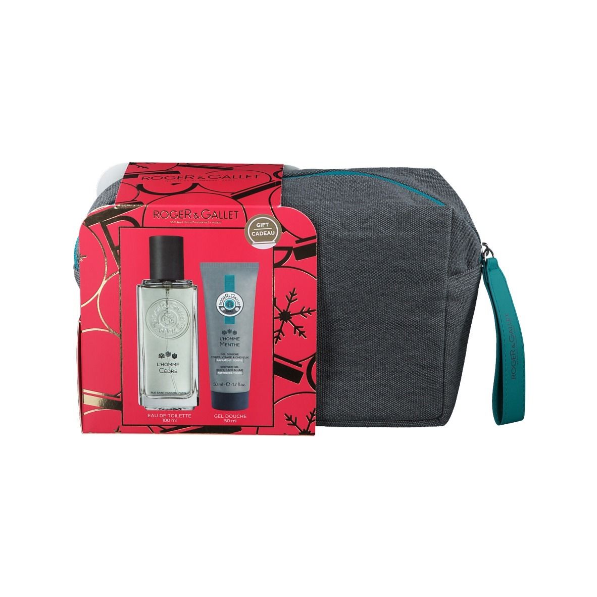 Coffret cadeau avec trousse grise, boîte rouge, flacon et tube. Marque ROGER&GALLET.