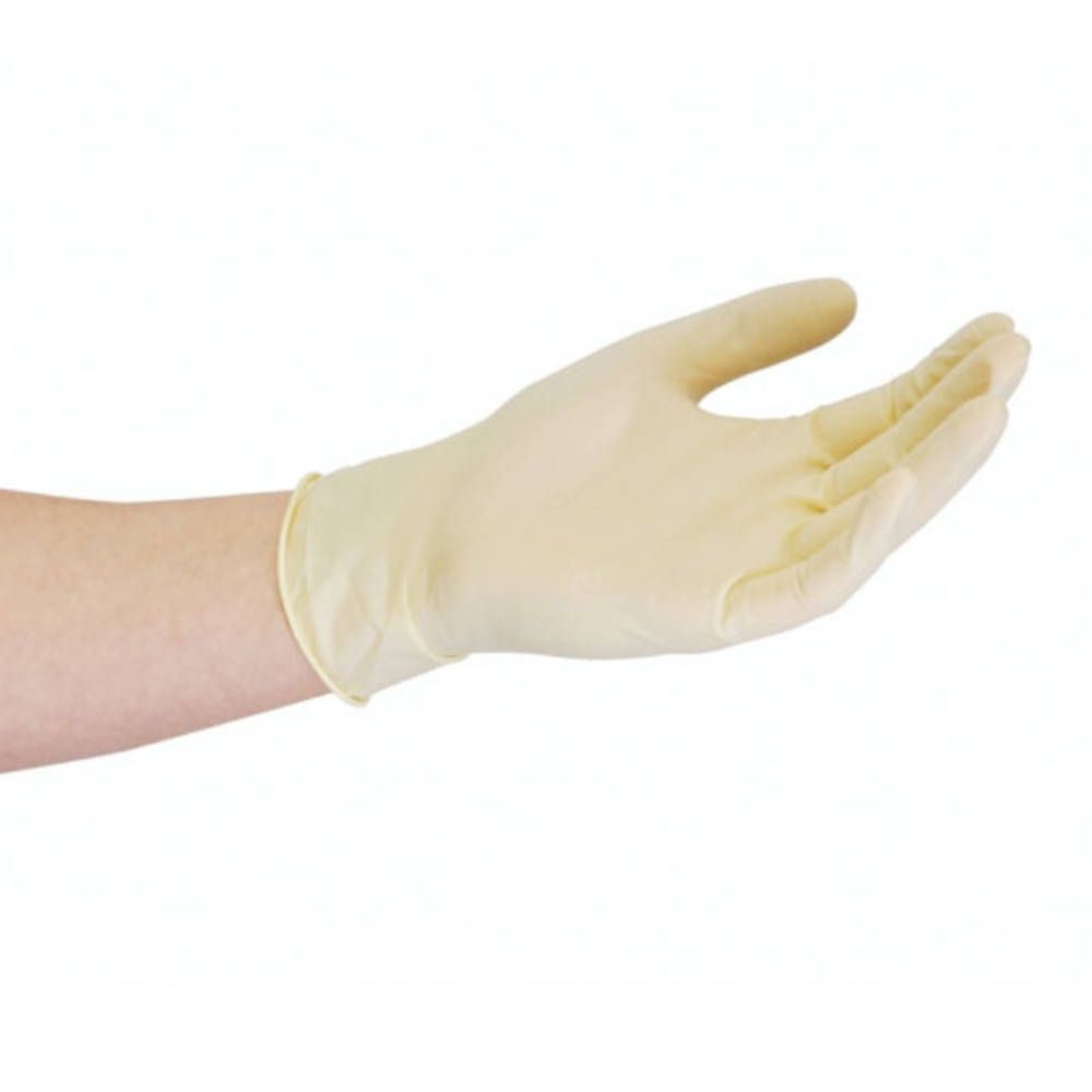 Beige Handschuh auf Arm. Größe M 7-8. SUPERLIFE POWDERFREE.