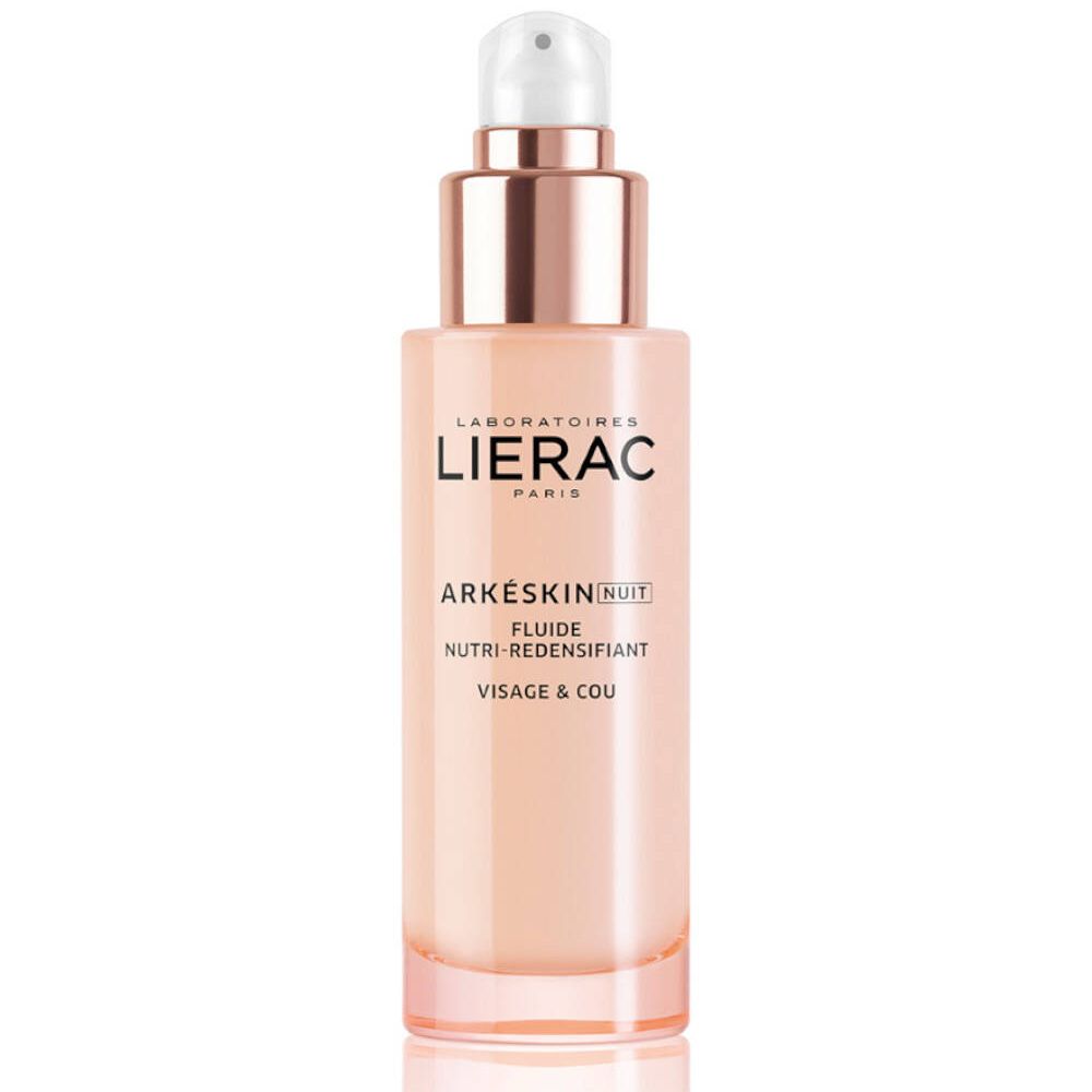 Roze fles met pomp. Opschrift: LIERAC, ARKÉSKIN NUIT, Fluide Nutri-Redensifiant, Visage & Cou.