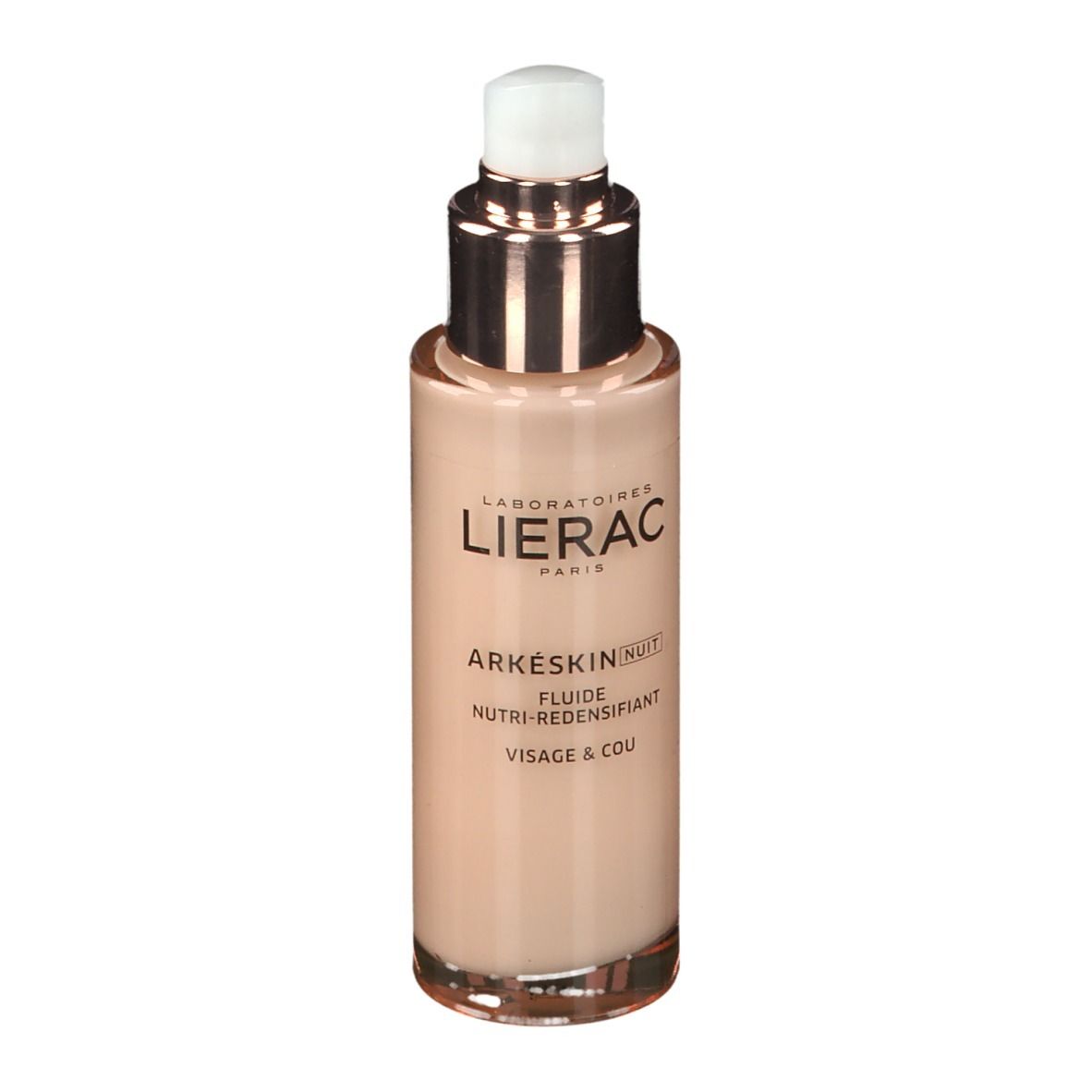 Roze fles met pomp. Opschrift: LIERAC, ARKÉSKIN NUIT, Fluide Nutri-Redensifiant, Visage & Cou.