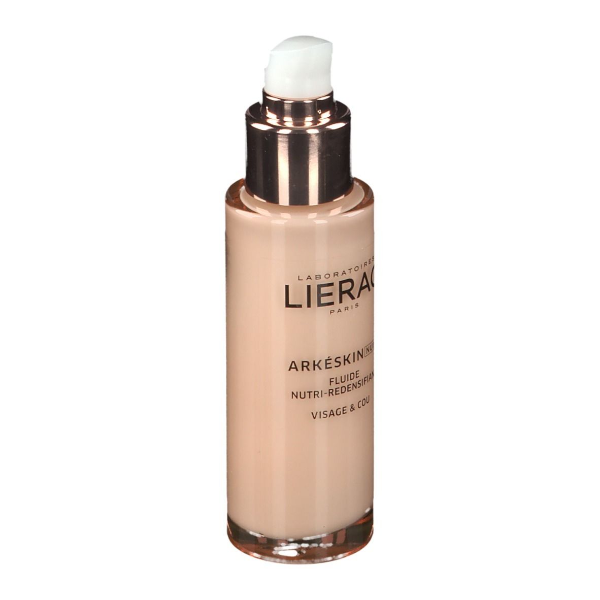 Roze fles met pomp. Opschrift: LIERAC, ARKÉSKIN NUIT, Fluide Nutri-Redensifiant, Visage & Cou.