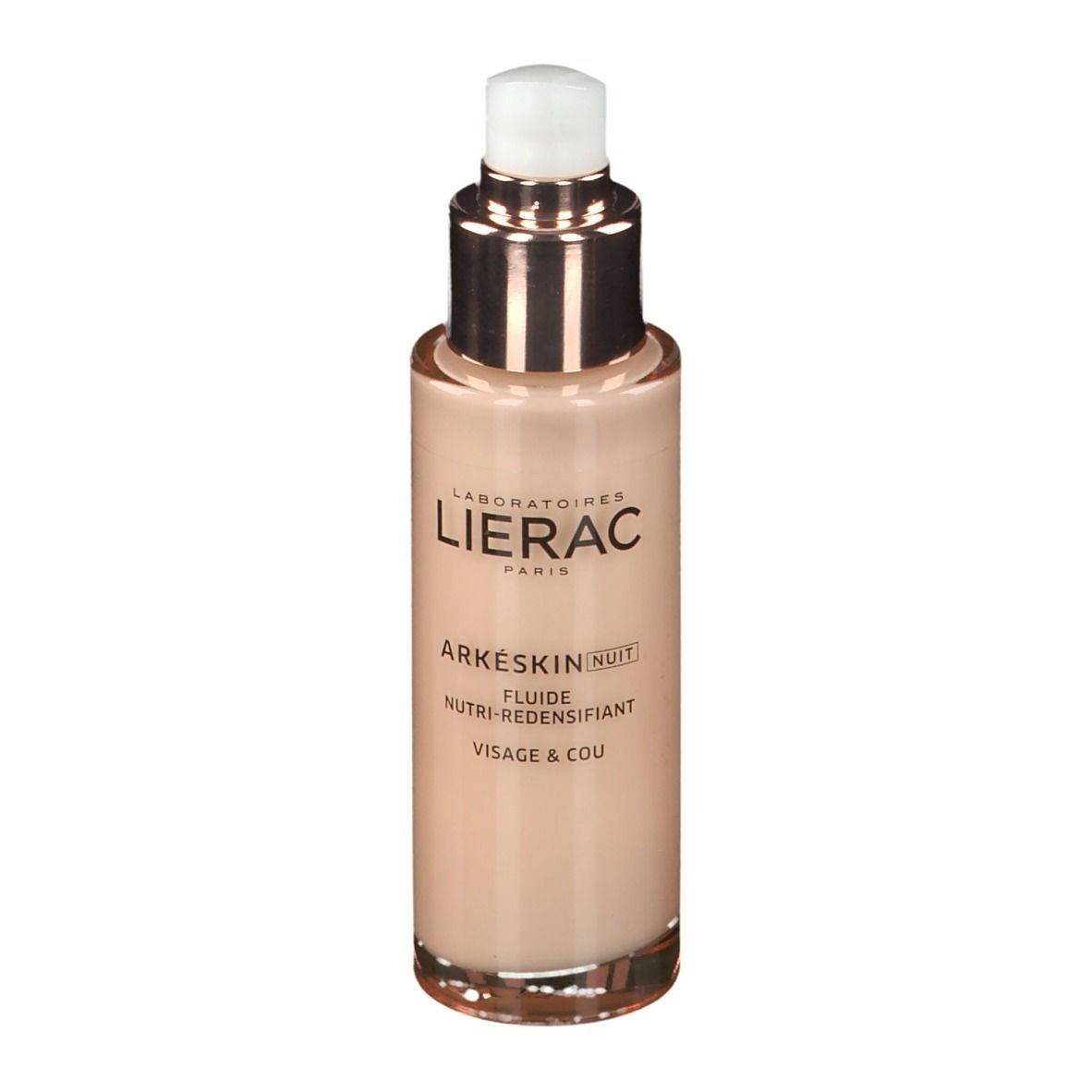 Roze fles met pomp. Opschrift: LIERAC, ARKÉSKIN NUIT, Fluide Nutri-Redensifiant, Visage & Cou.