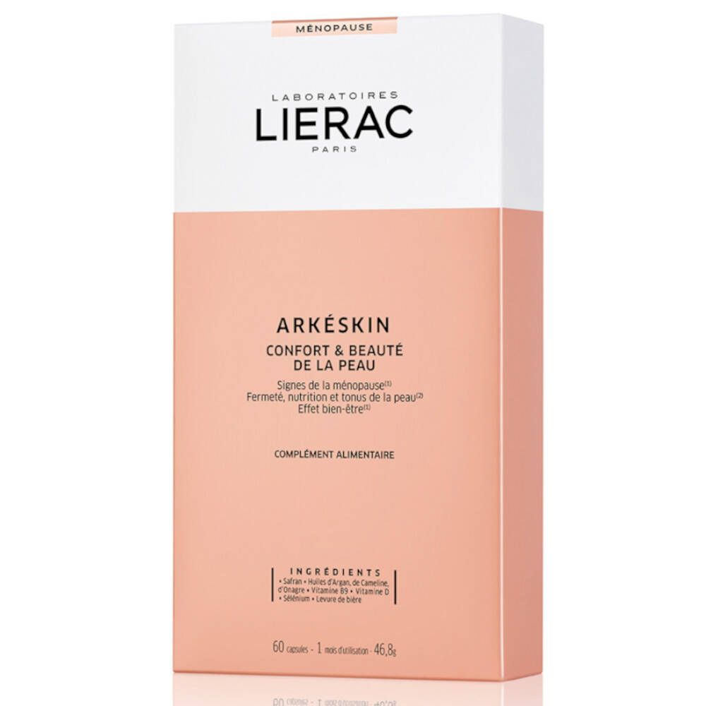 Doos LIERAC ARKÉSKIN, Confort & Beauté de la Peau. Ingrediënten, 60 capsules. Roze en wit.