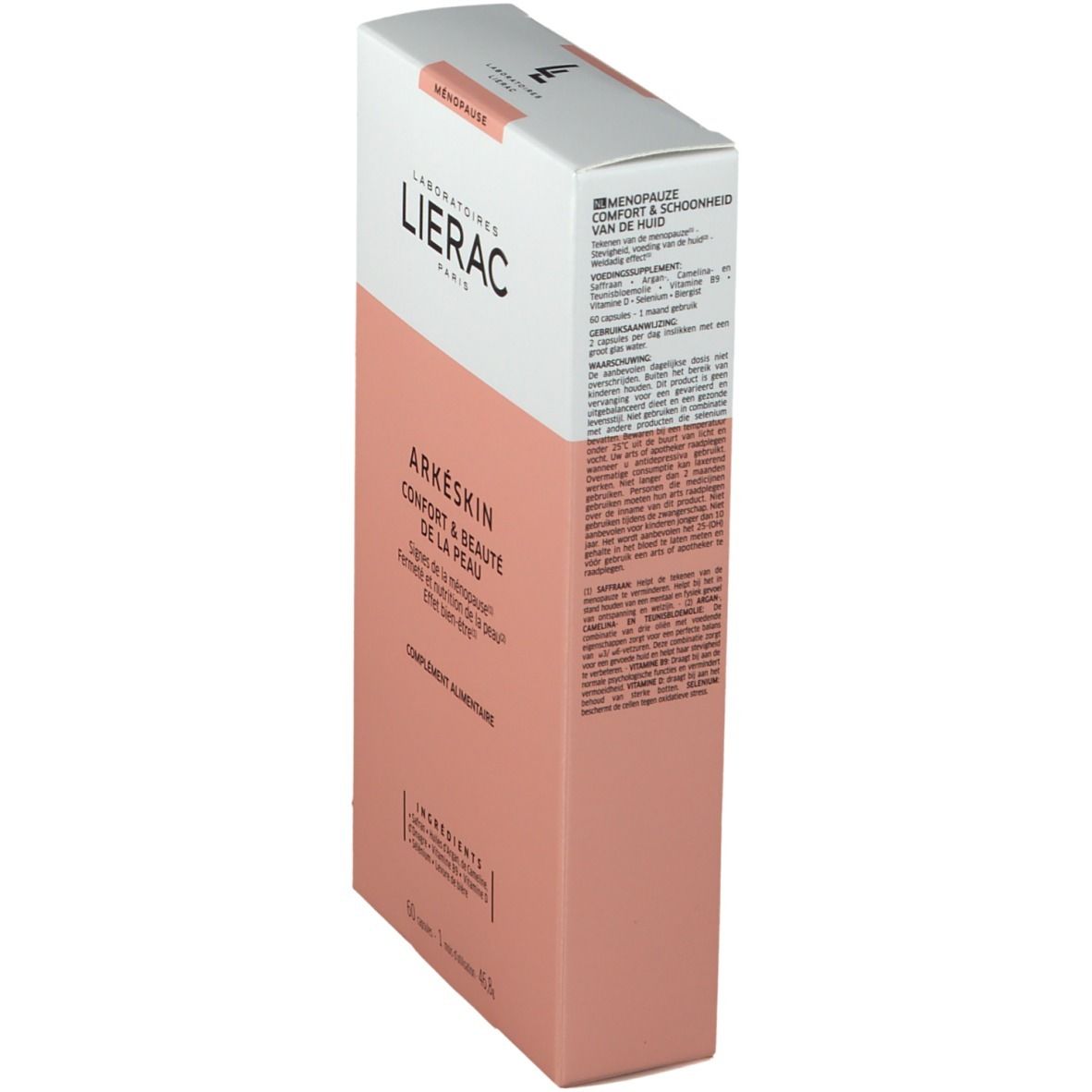 Doos LIERAC ARKÉSKIN, Confort & Beauté de la Peau. Ménopause. Zijaanzicht. Roze en wit.