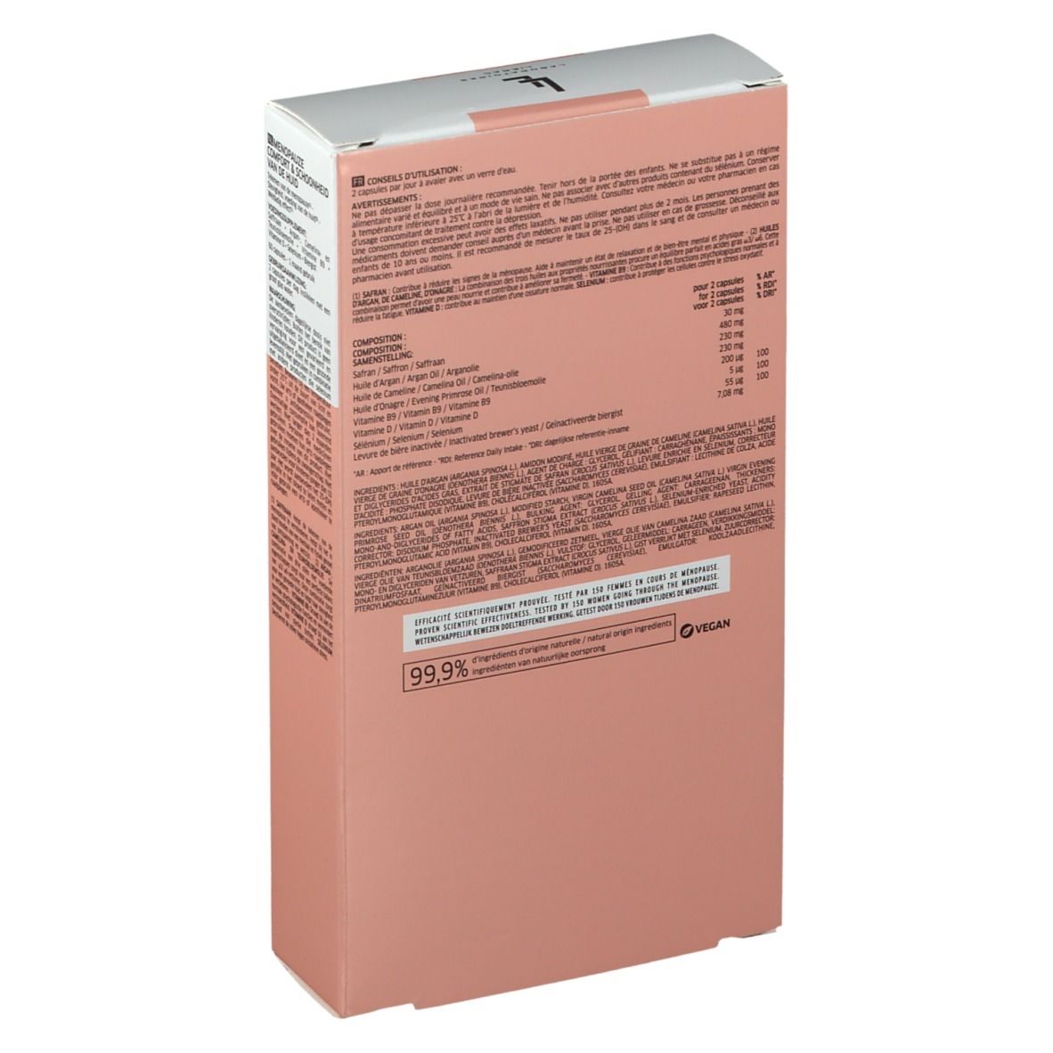 Achterkant van de LIERAC ARKÉSKIN verpakking. Ingrediënten en info. Vegan logo.