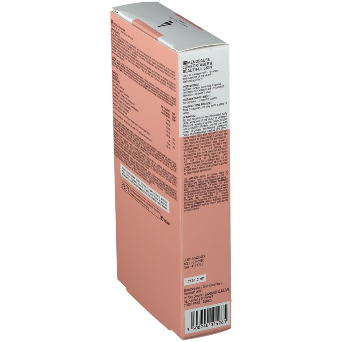 Zijaanzicht van de LIERAC ARKÉSKIN verpakking. Ingrediënten en info. Barcode.