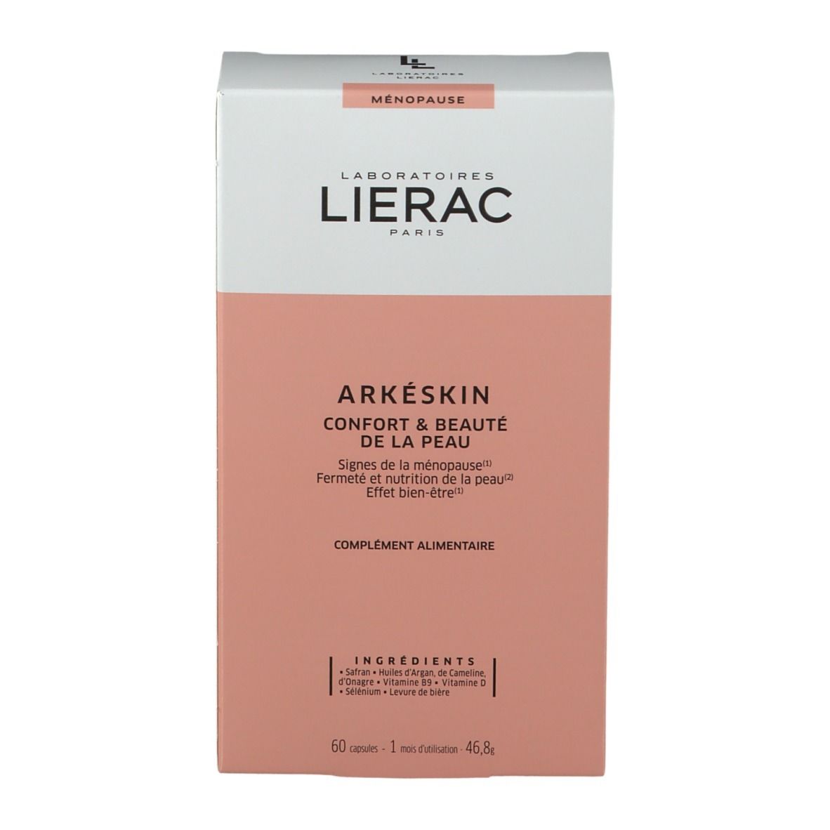 Doos LIERAC ARKÉSKIN, Confort & Beauté de la Peau. Ingrediënten, 60 capsules. Roze en wit.