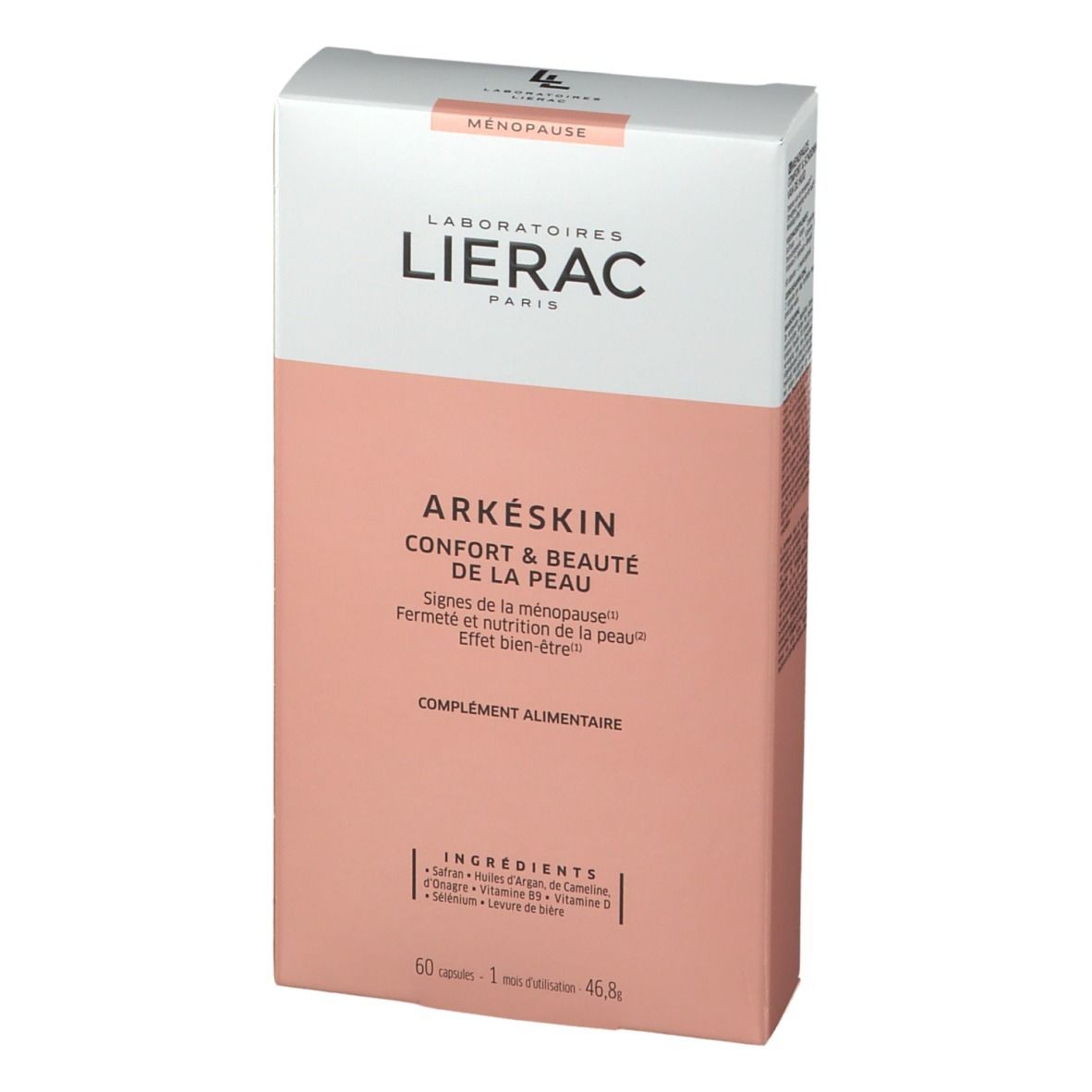 Doos LIERAC ARKÉSKIN, Confort & Beauté de la Peau. Ingrediënten, 60 capsules. Roze en wit.