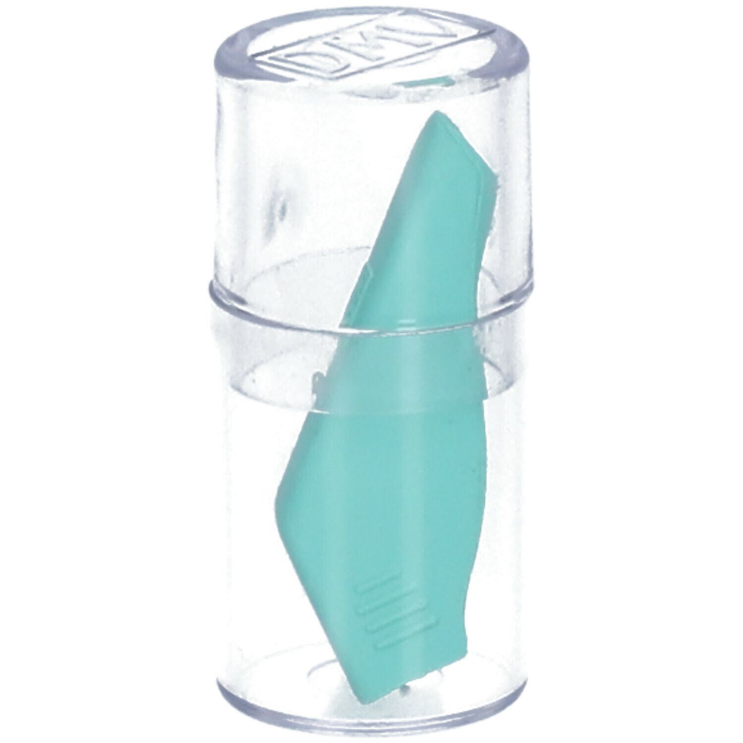 Extracteur de lentilles souples dans un récipient transparent. Produit turquoise, allongé, aux bords arrondis.